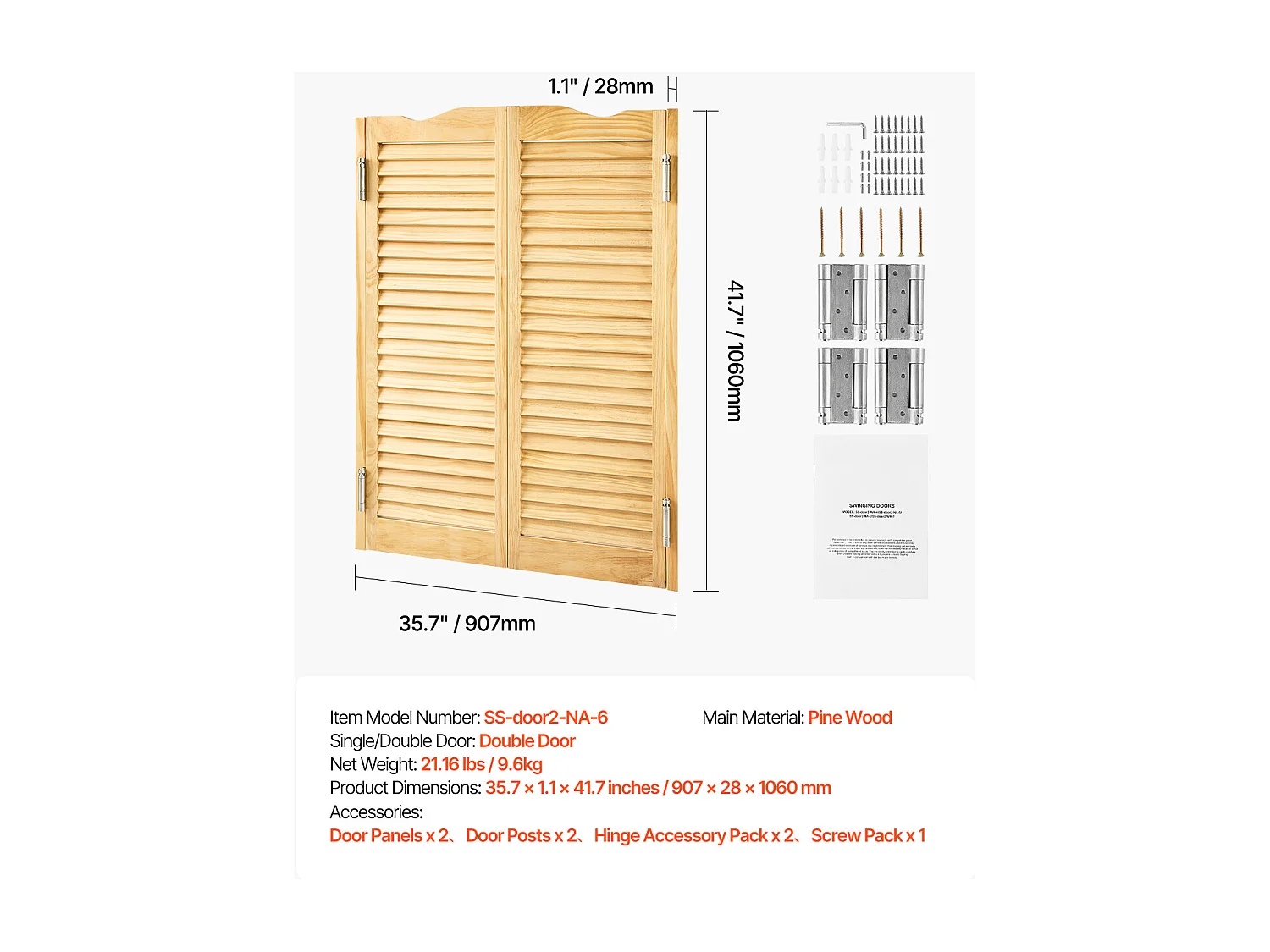 Puerta Batiente Doble SucceBuy, 90,7 x 2,8 x 10,6 cm, de Pino, con Bisagras, Herrajes, Fácil de Instalar, Color Madera