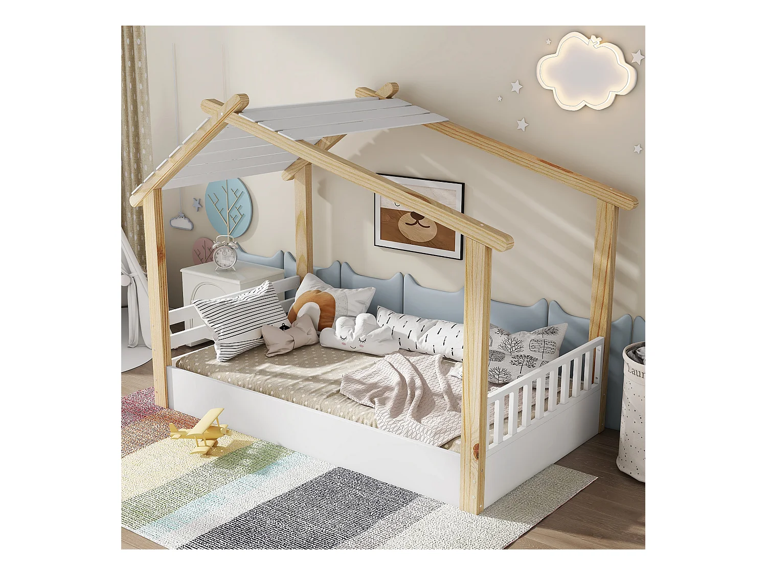 Lit cabane pour enfants 90x190cm - avec sommier à lattes - conception de maison en rondins - Bois massif + MDF - Naturel