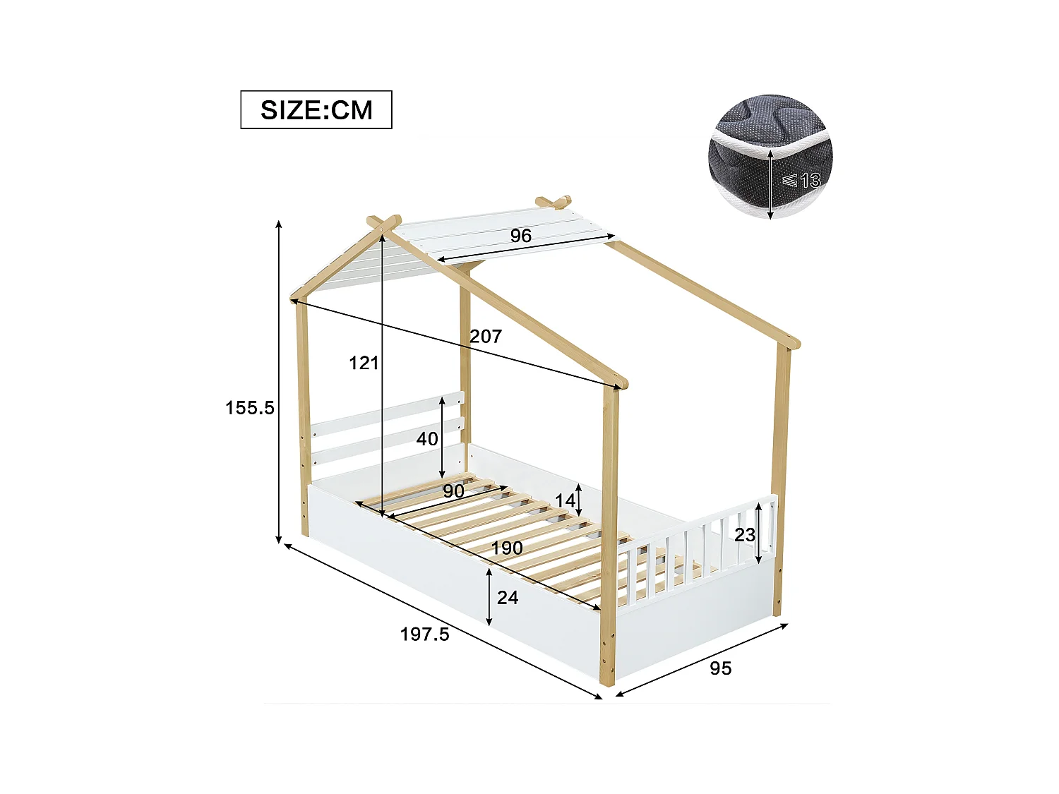 Lit cabane pour enfants 90x190cm - avec sommier à lattes - conception de maison en rondins - Bois massif + MDF - Naturel