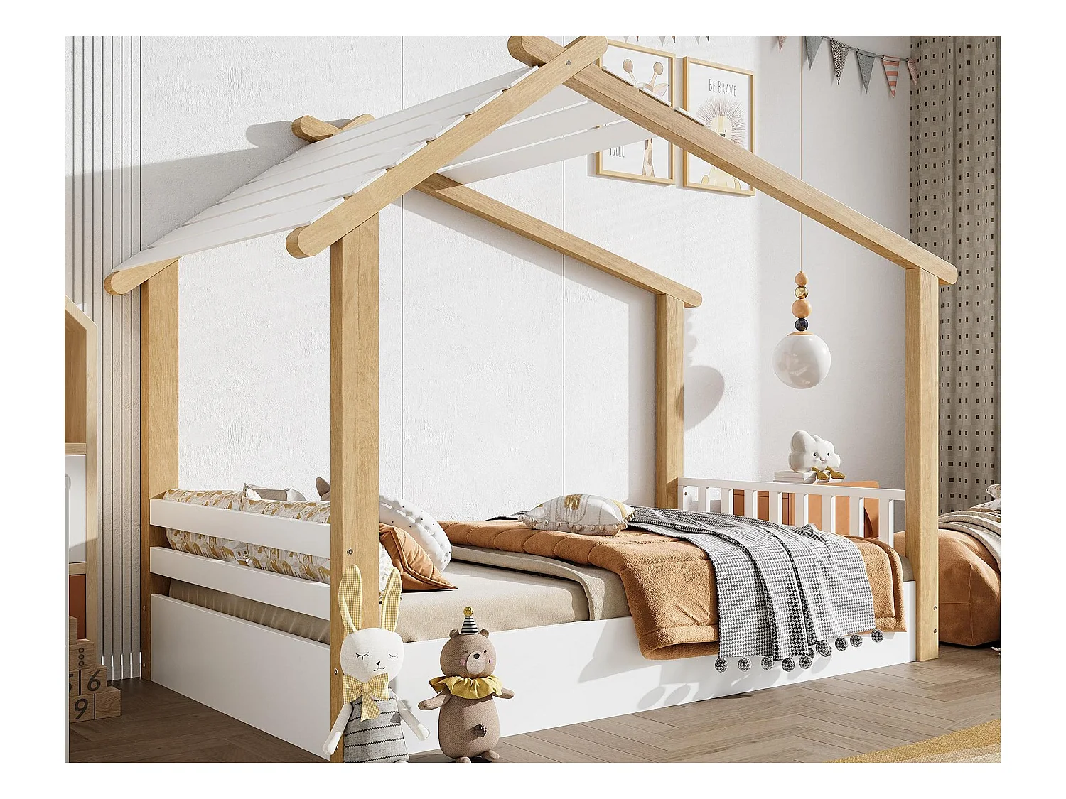Lit cabane pour enfants 90x190cm - avec sommier à lattes - conception de maison en rondins - Bois massif + MDF - Naturel