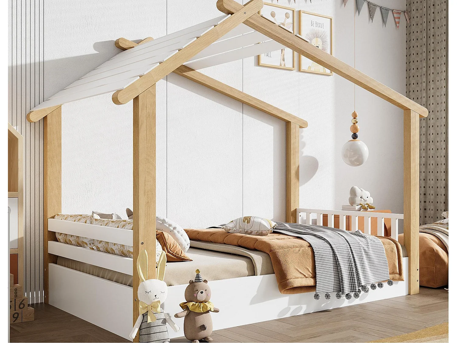 Lit cabane pour enfants 90x190cm - avec sommier à lattes - conception de maison en rondins - Bois massif + MDF - Naturel