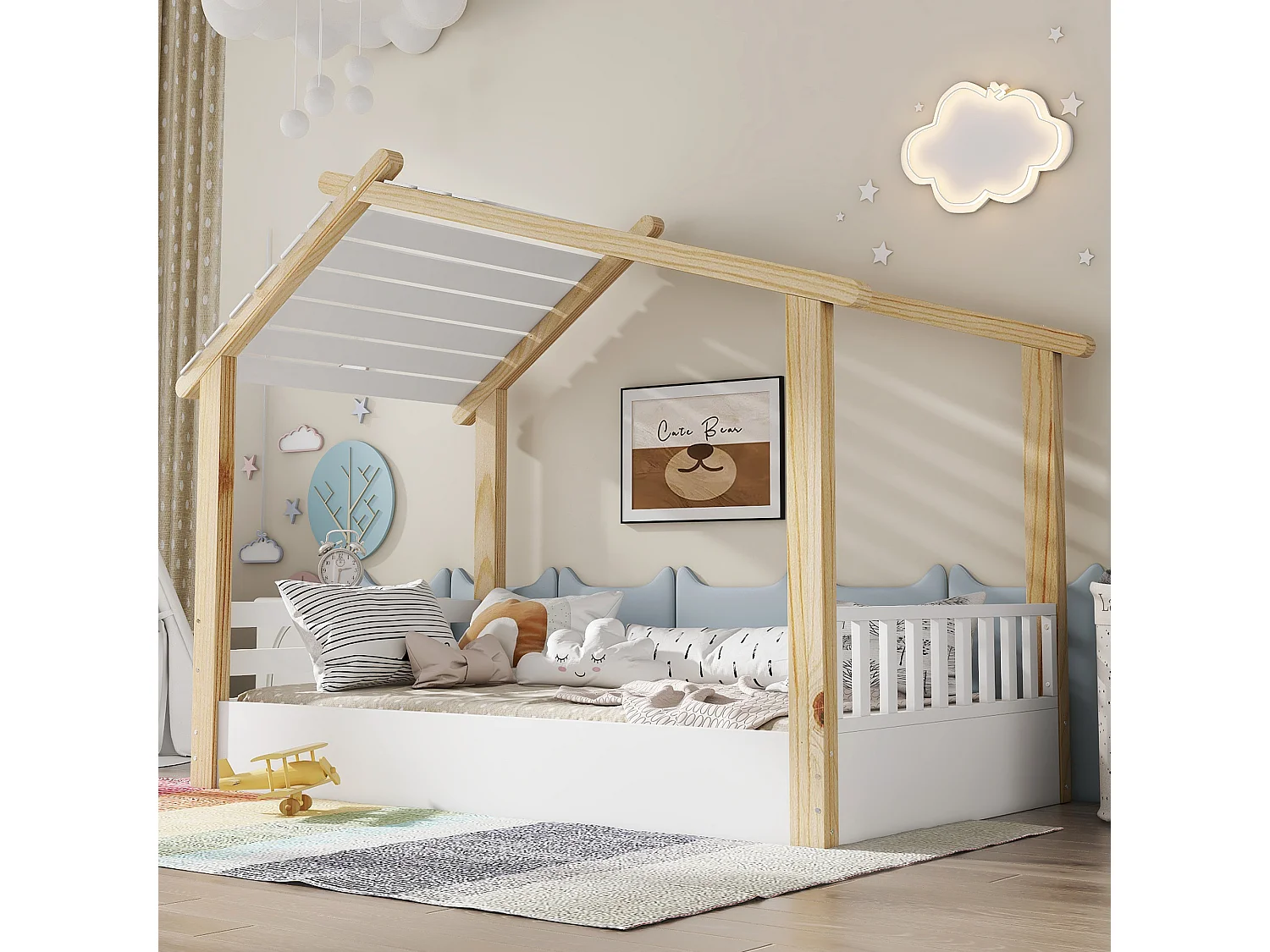 Lit cabane pour enfants 90x190cm - avec sommier à lattes - conception de maison en rondins - Bois massif + MDF - Naturel
