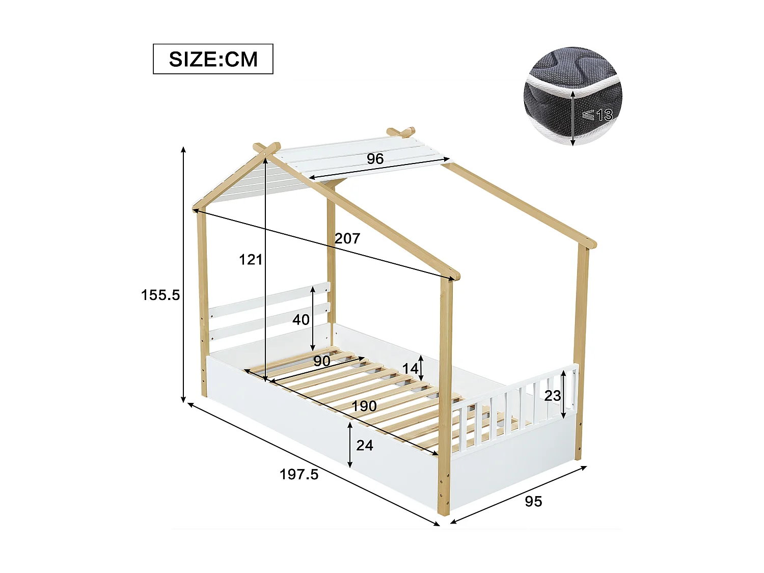 Lit cabane pour enfants 90x190cm - avec sommier à lattes - conception de maison en rondins - Bois massif + MDF - Naturel