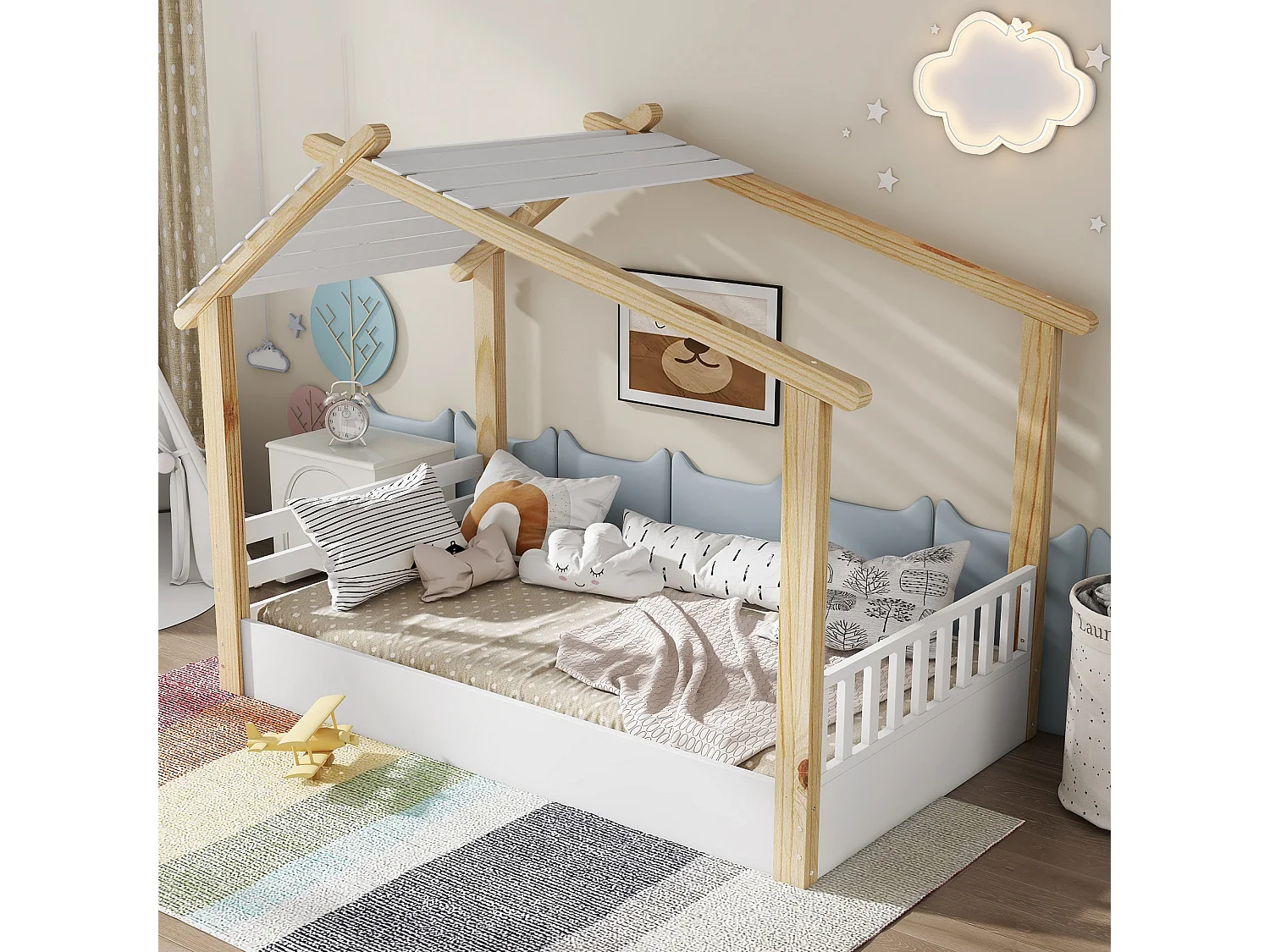 Lit cabane pour enfants 90x190cm - avec sommier à lattes - conception de maison en rondins - Bois massif + MDF - Naturel
