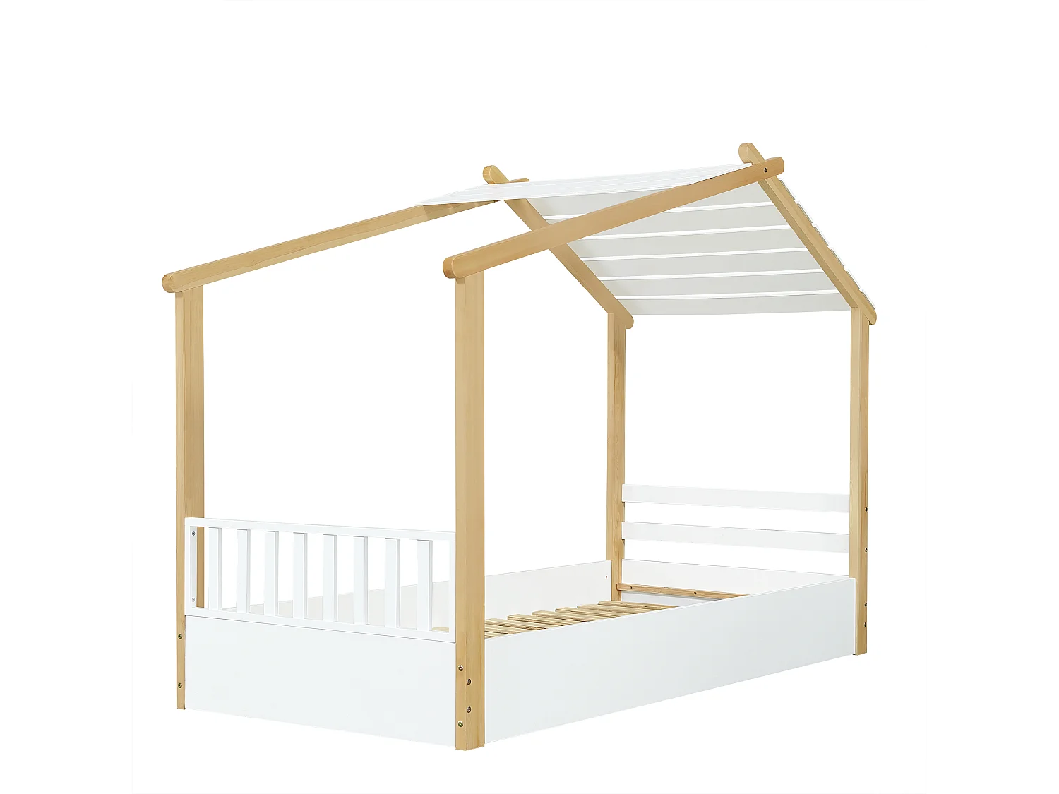 Lit cabane pour enfants 90x190cm - avec sommier à lattes - conception de maison en rondins - Bois massif + MDF - Naturel