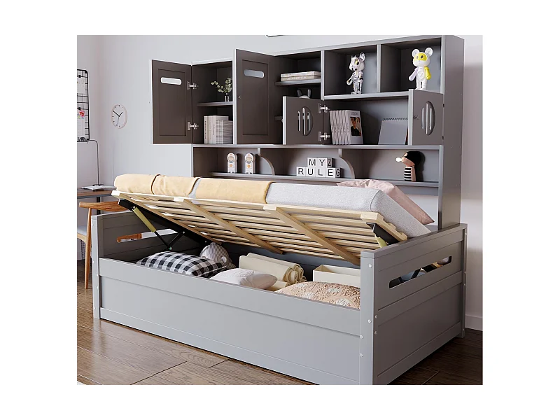 Bett mit Stauraum 90x200 cm - mit Staufächern - mit 4 Türen - Lattenrost - grau (Matratze nicht im Lieferumfang enthalten)