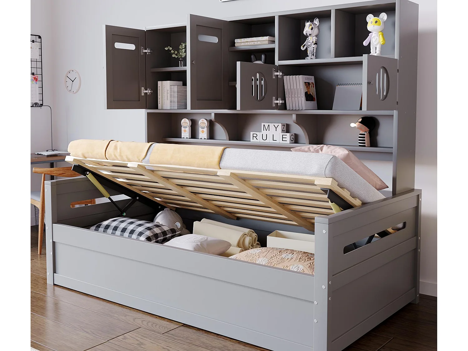 Lit coffre 90x200 cm - avec compartiments de rangement - avec 4 portes - sommier à lattes - gris (matelas non inclus)