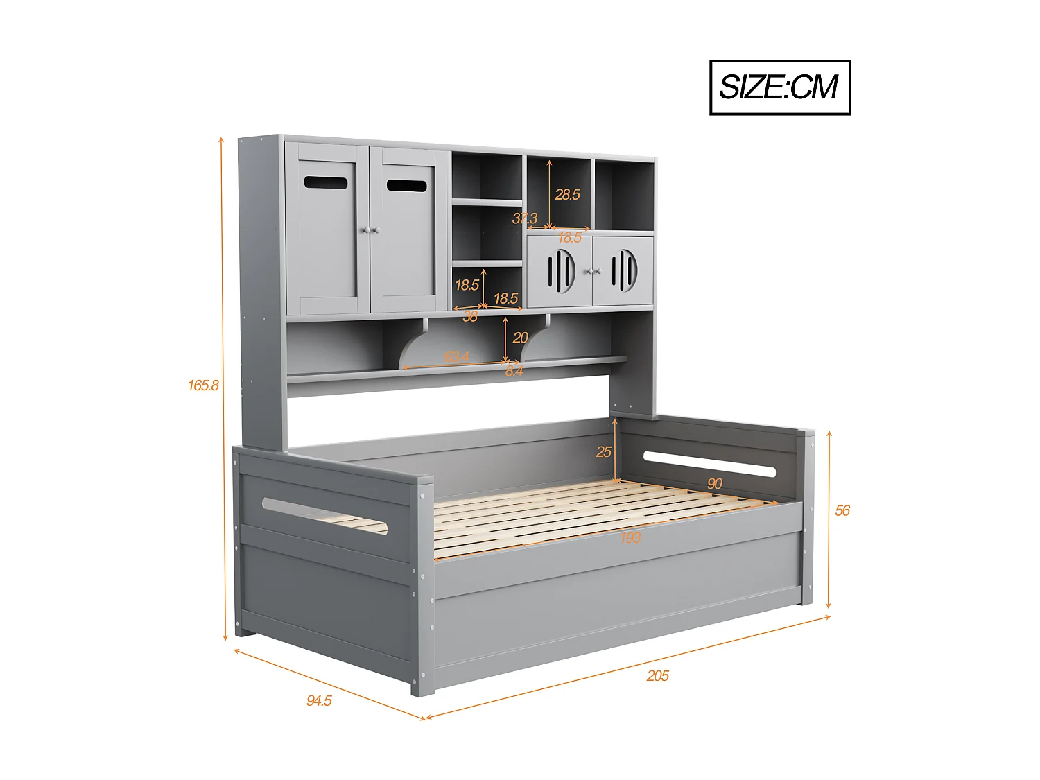 Lit coffre 90x200 cm - avec compartiments de rangement - avec 4 portes - sommier à lattes - gris (matelas non inclus)