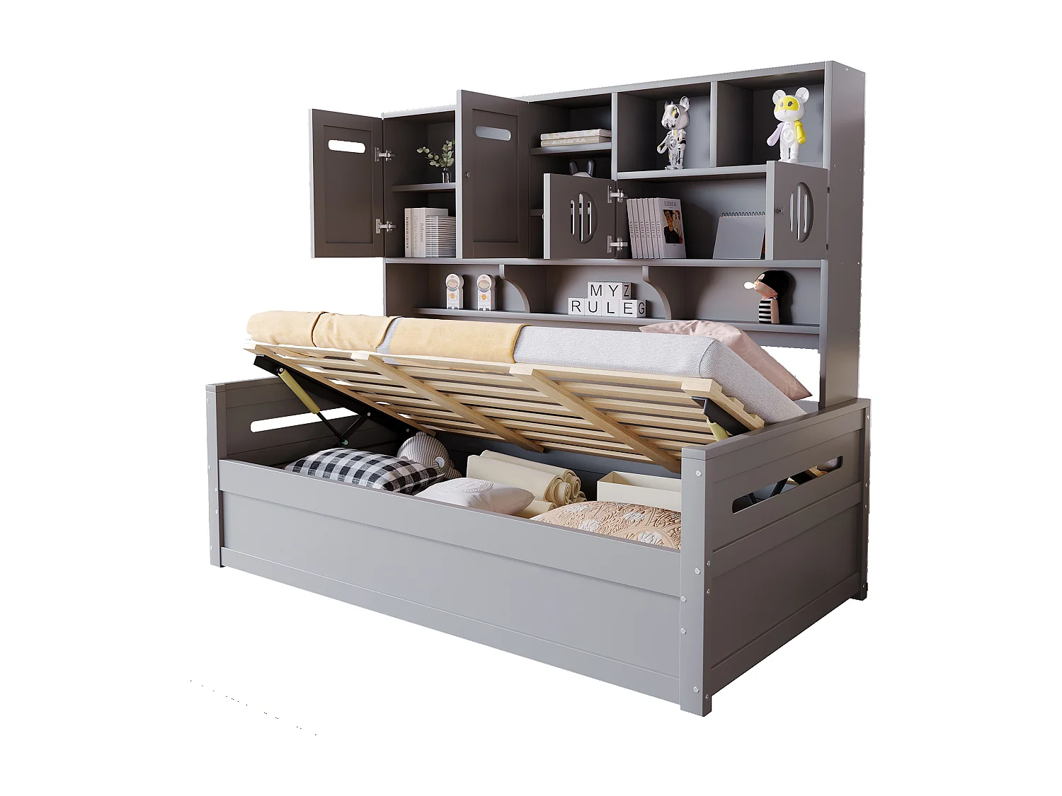 Lit coffre 90x200 cm - avec compartiments de rangement - avec 4 portes - sommier à lattes - gris (matelas non inclus)