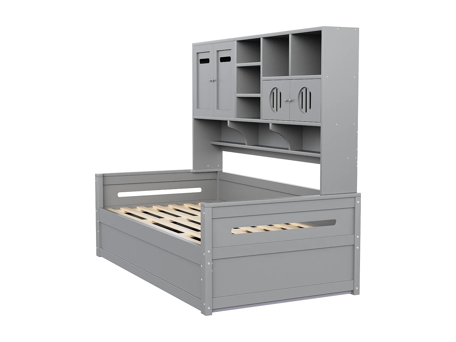 Lit coffre 90x200 cm - avec compartiments de rangement - avec 4 portes - sommier à lattes - gris (matelas non inclus)