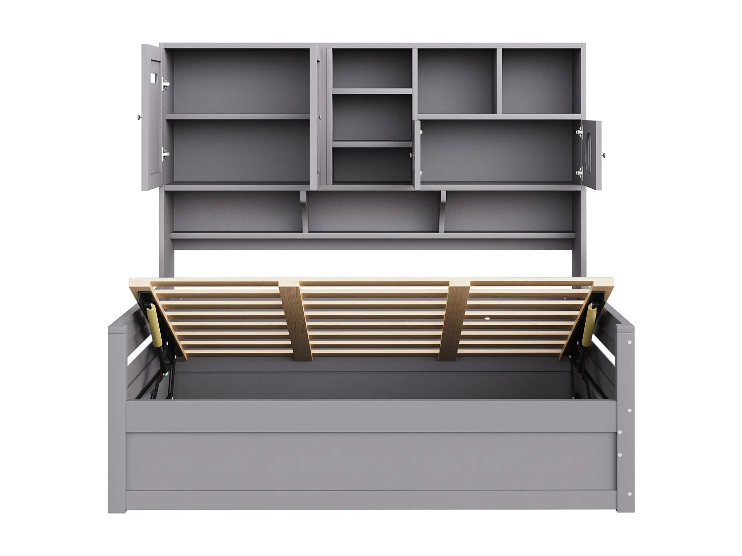 Lit coffre 90x200 cm - avec compartiments de rangement - avec 4 portes - sommier à lattes - gris (matelas non inclus)