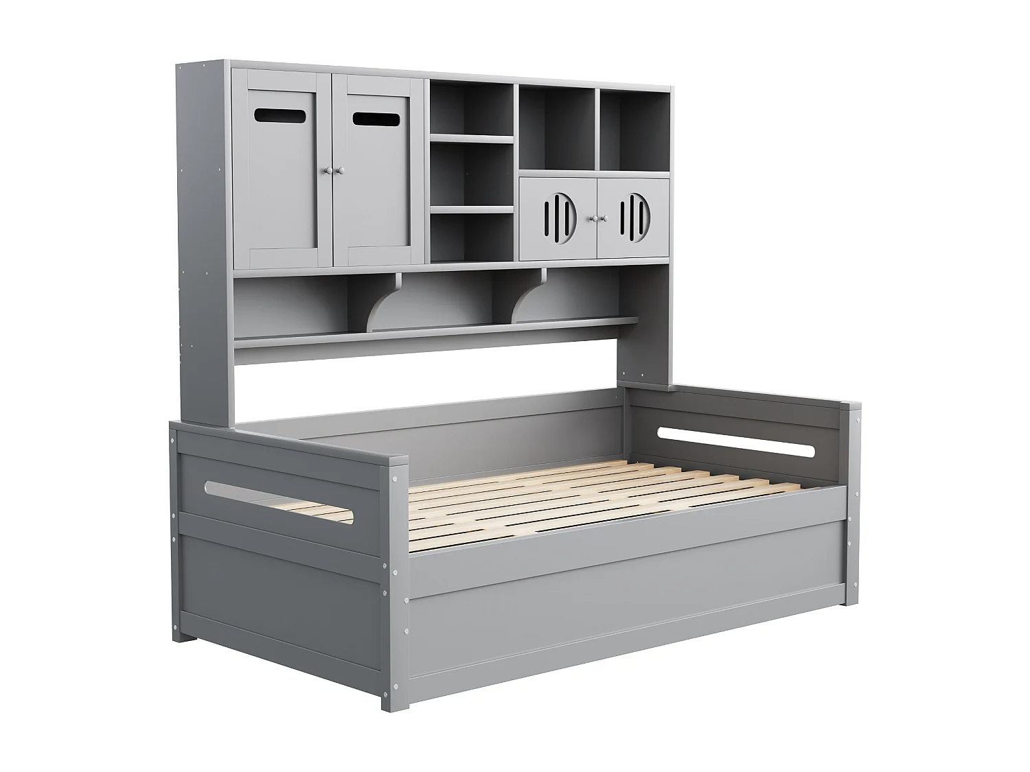 Lit coffre 90x200 cm - avec compartiments de rangement - avec 4 portes - sommier à lattes - gris (matelas non inclus)