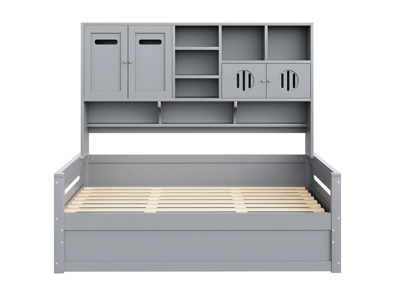 Lit coffre 90x200 cm - avec compartiments de rangement - avec 4 portes - sommier à lattes - gris (matelas non inclus)