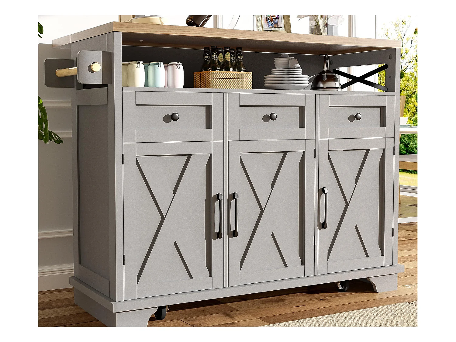 Ilot central de cuisine mobile - Plateau extensible - 3 tiroirs et 3 portes - étagères ouvertes - avec porte-serviettes - MDF - Gris