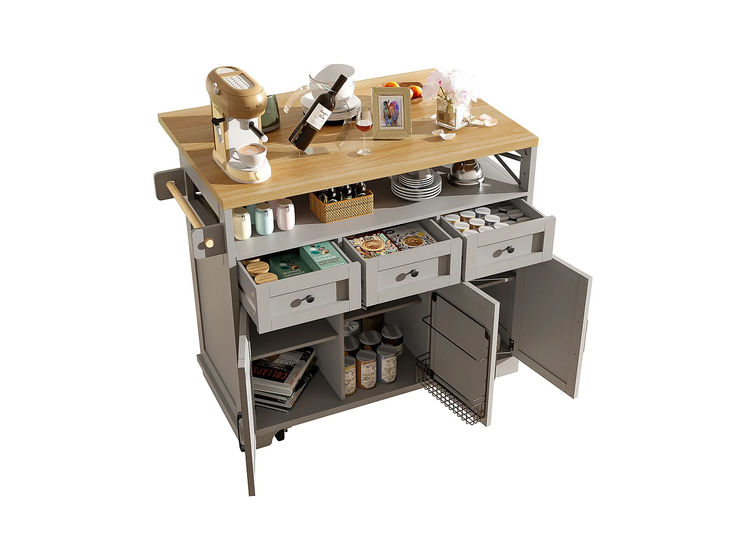 Ilot central de cuisine mobile - Plateau extensible - 3 tiroirs et 3 portes - étagères ouvertes - avec porte-serviettes - MDF - Gris