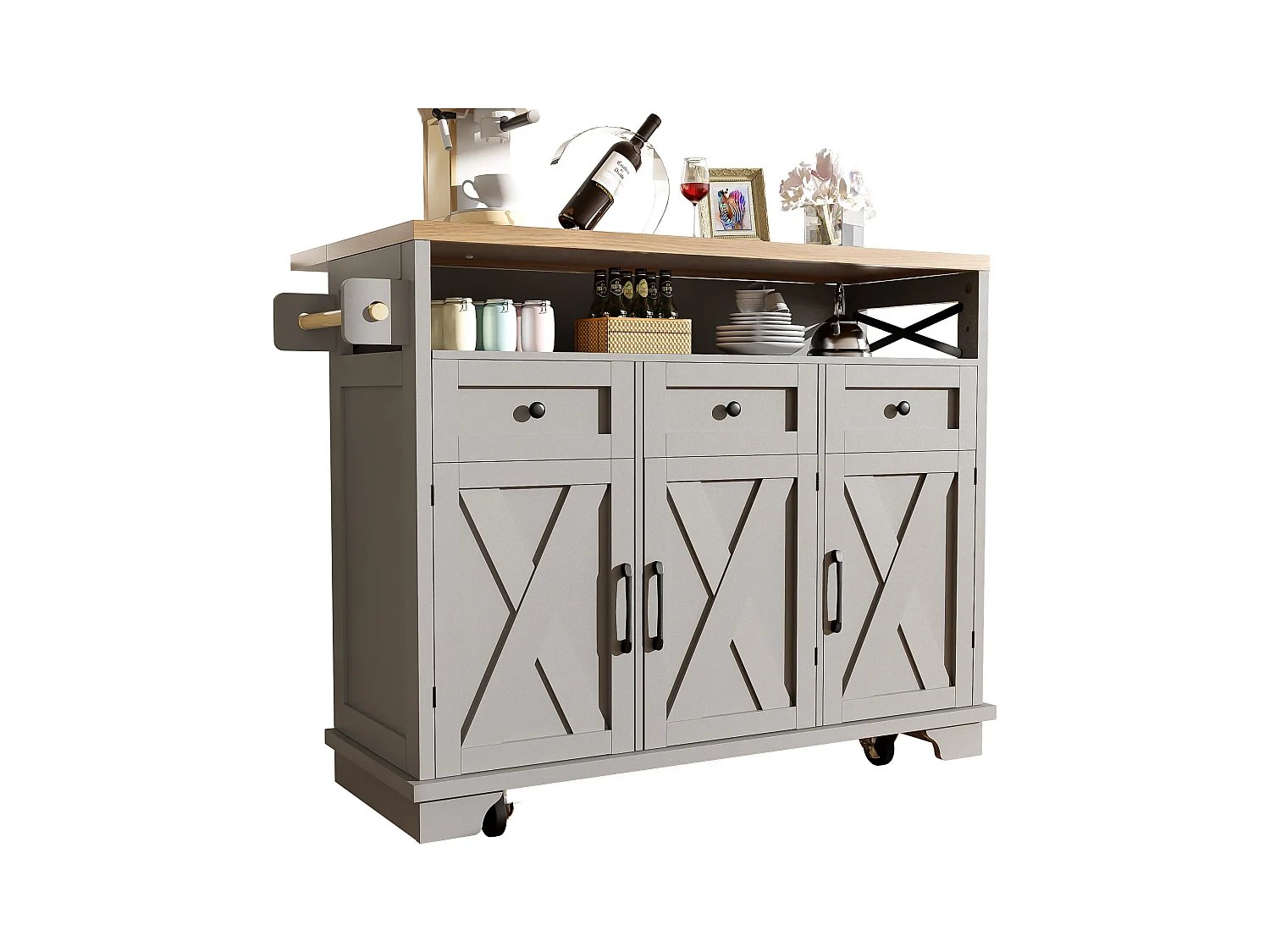 Ilot central de cuisine mobile - Plateau extensible - 3 tiroirs et 3 portes - étagères ouvertes - avec porte-serviettes - MDF - Gris