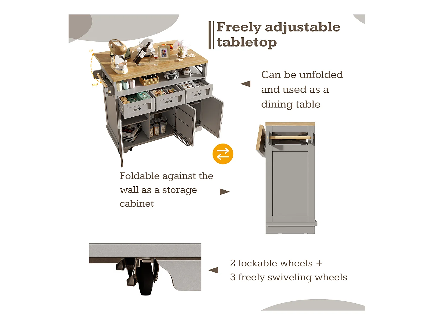 Ilot central de cuisine mobile - Plateau extensible - 3 tiroirs et 3 portes - étagères ouvertes - avec porte-serviettes - MDF - Gris
