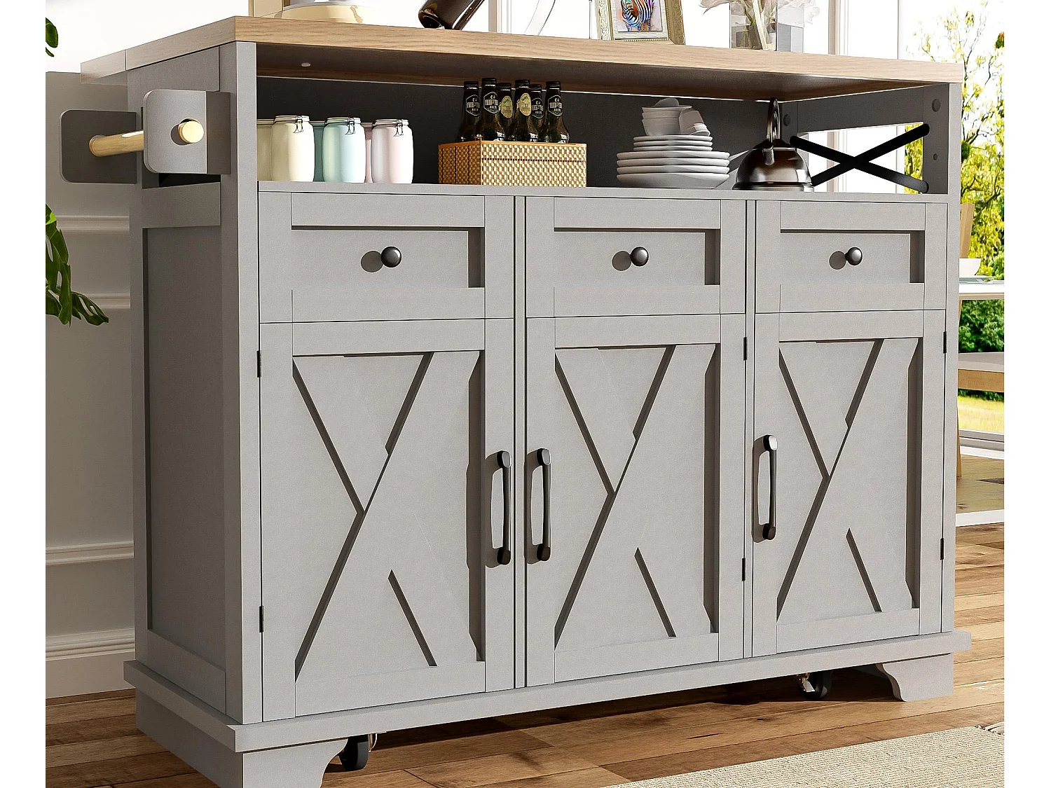 Ilha de cozinha móvel - Tampo extensível - 3 gavetas e 3 portas - prateleiras abertas - com toalheiro - MDF - Cinza