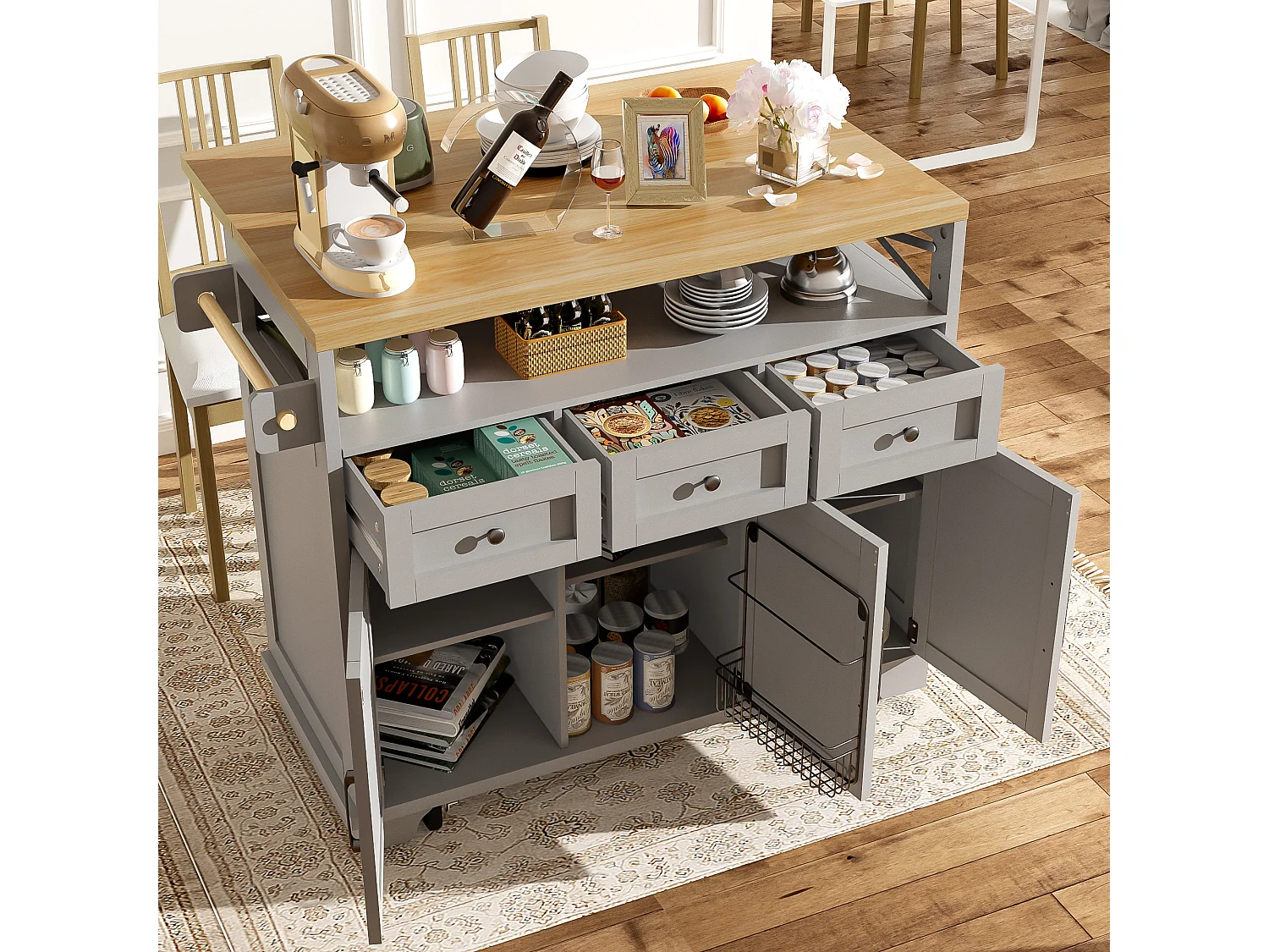 Ilha de cozinha móvel - Tampo extensível - 3 gavetas e 3 portas - prateleiras abertas - com toalheiro - MDF - Cinza