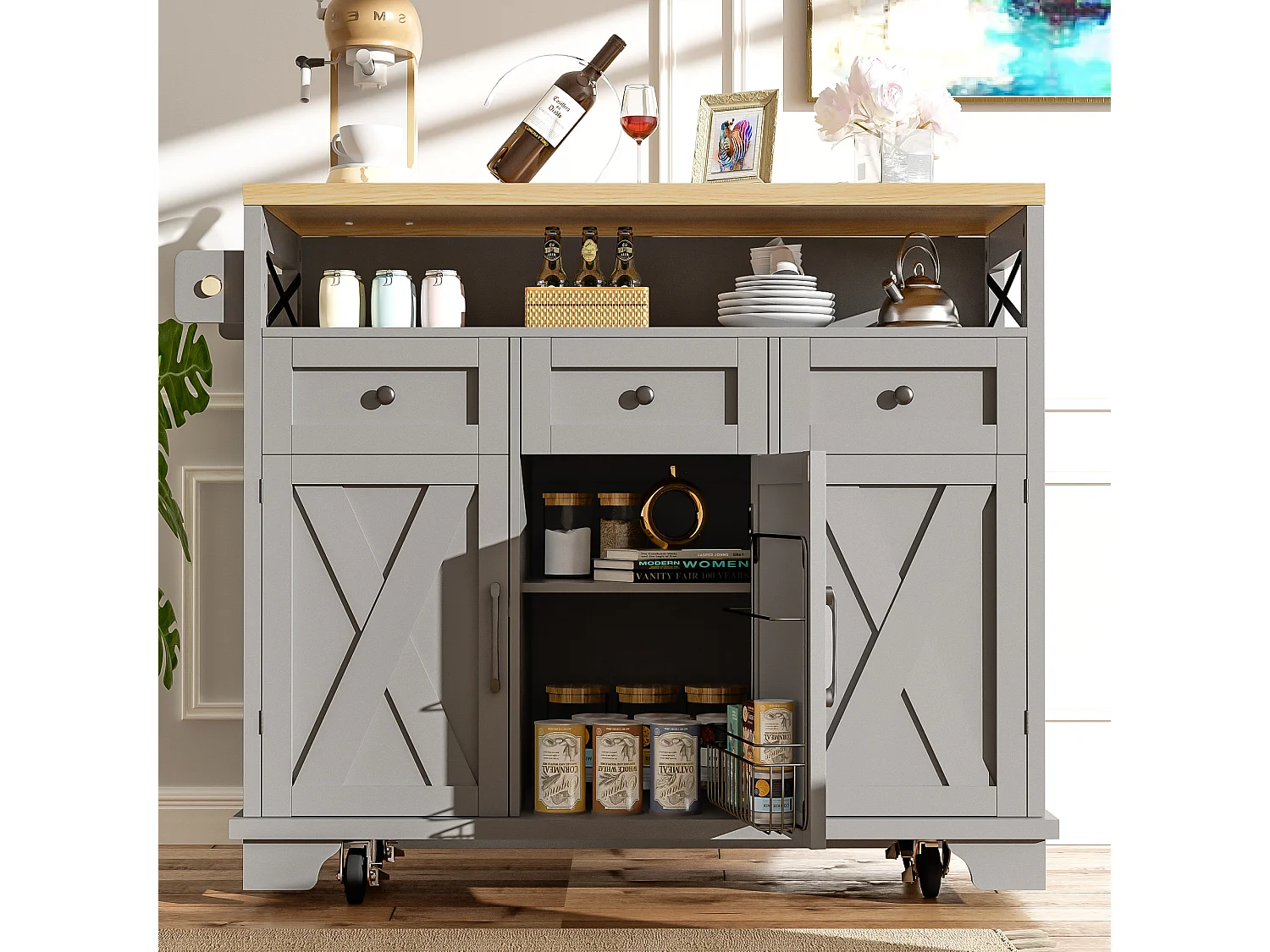 Ilha de cozinha móvel - Tampo extensível - 3 gavetas e 3 portas - prateleiras abertas - com toalheiro - MDF - Cinza