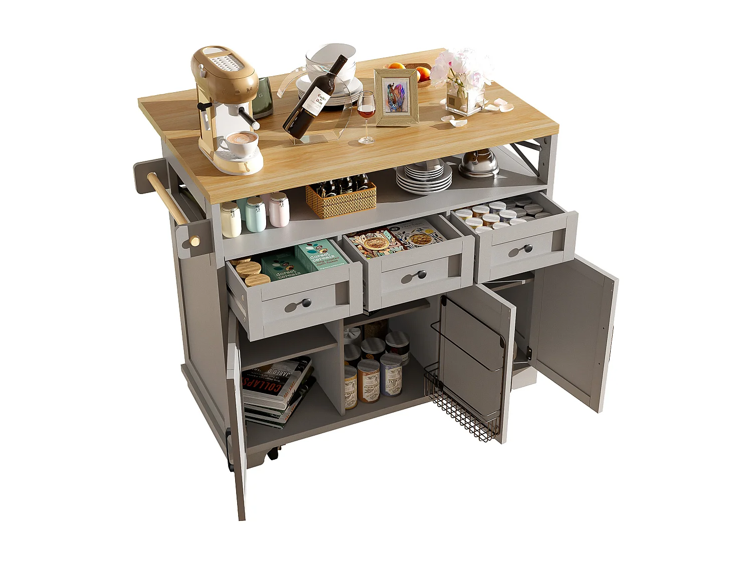 Ilha de cozinha móvel - Tampo extensível - 3 gavetas e 3 portas - prateleiras abertas - com toalheiro - MDF - Cinza