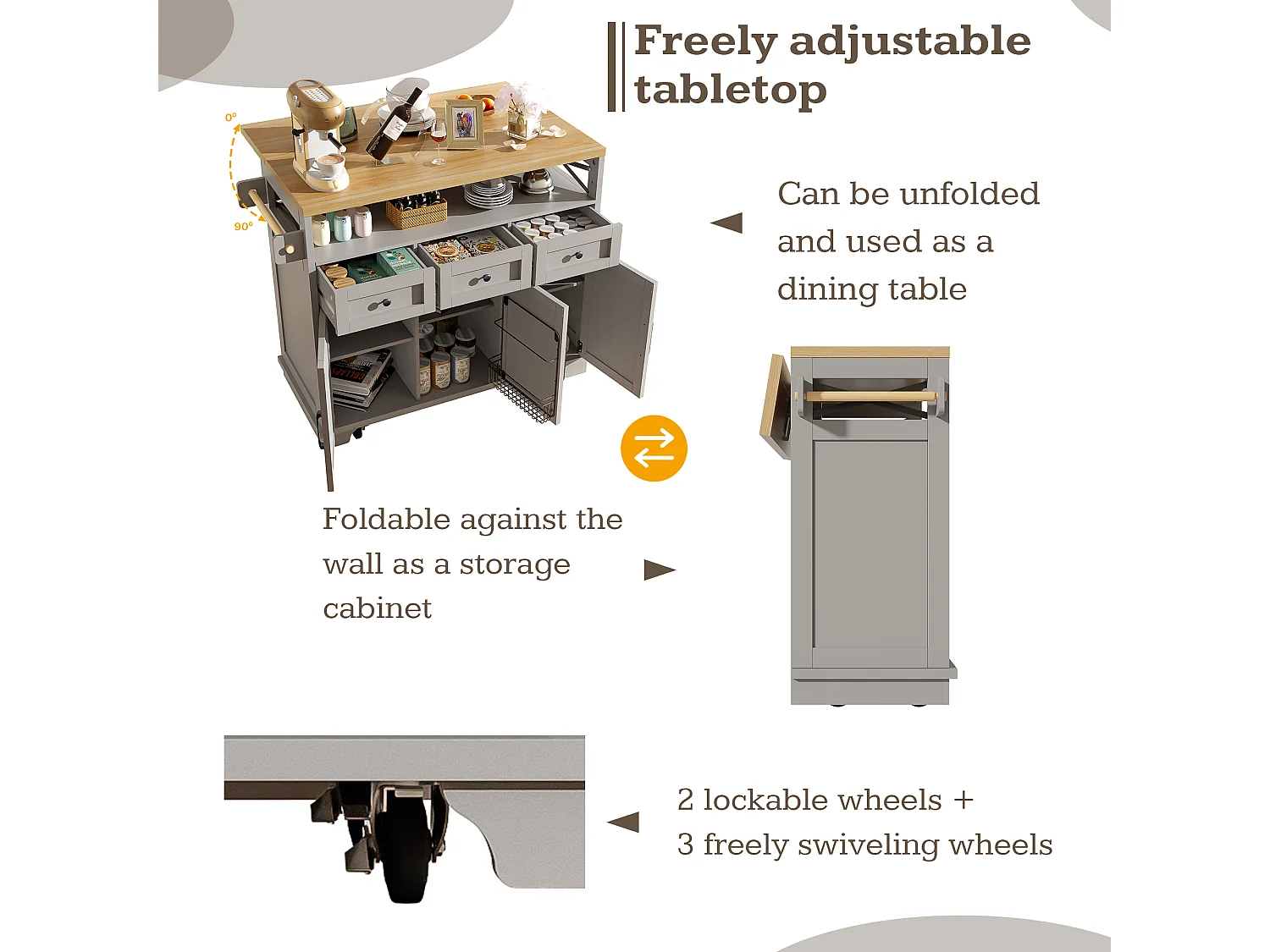 Ilha de cozinha móvel - Tampo extensível - 3 gavetas e 3 portas - prateleiras abertas - com toalheiro - MDF - Cinza
