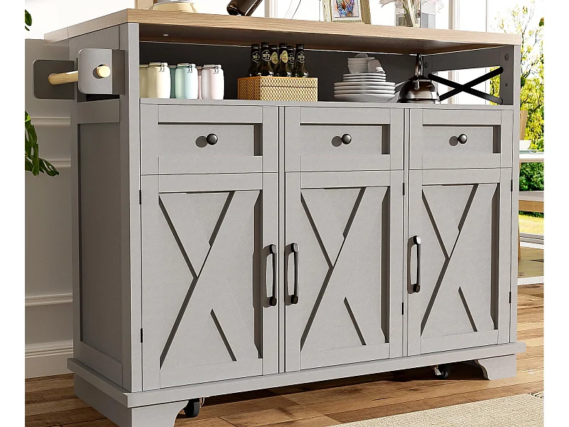 Ilot central de cuisine mobile - Plateau extensible - 3 tiroirs et 3 portes - étagères ouvertes - avec porte-serviettes - MDF - Gris