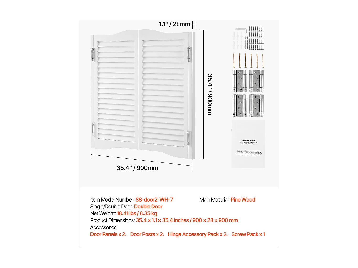 Puerta Batiente Doble SucceBuy, 90 x 2,8 x 90 cm, de Pino, con Bisagras, Herrajes, Fácil de Instalar, Color Blanco