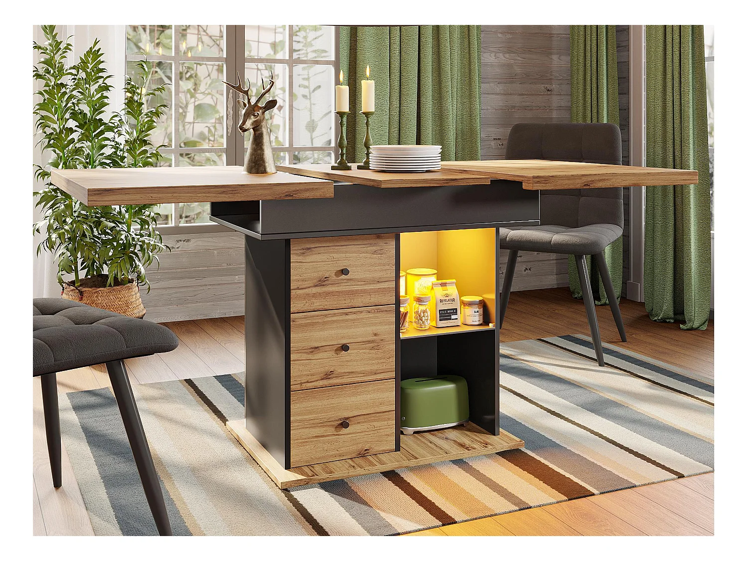 Table à manger extensible 110-140×80cm - avec éclairage LED - 4-6 personnes - 1 porte et 2 tiroirs - Noir + Naturel