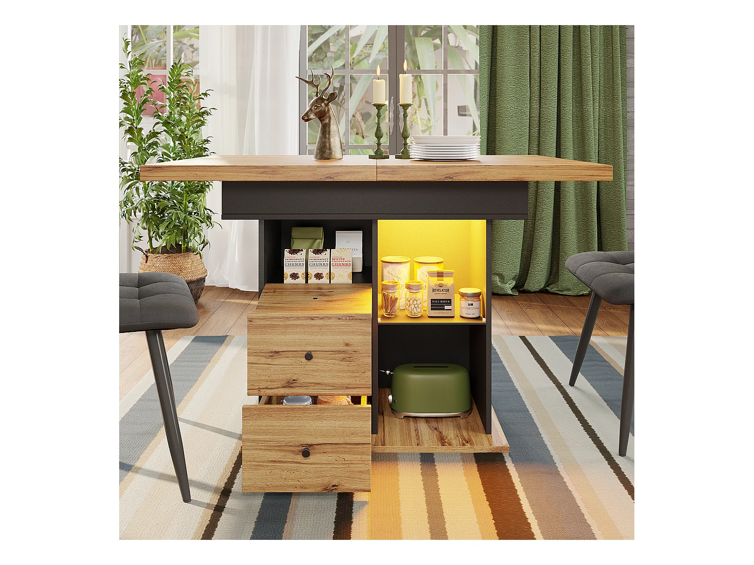 Table à manger extensible 110-140×80cm - avec éclairage LED - 4-6 personnes - 1 porte et 2 tiroirs - Noir + Naturel