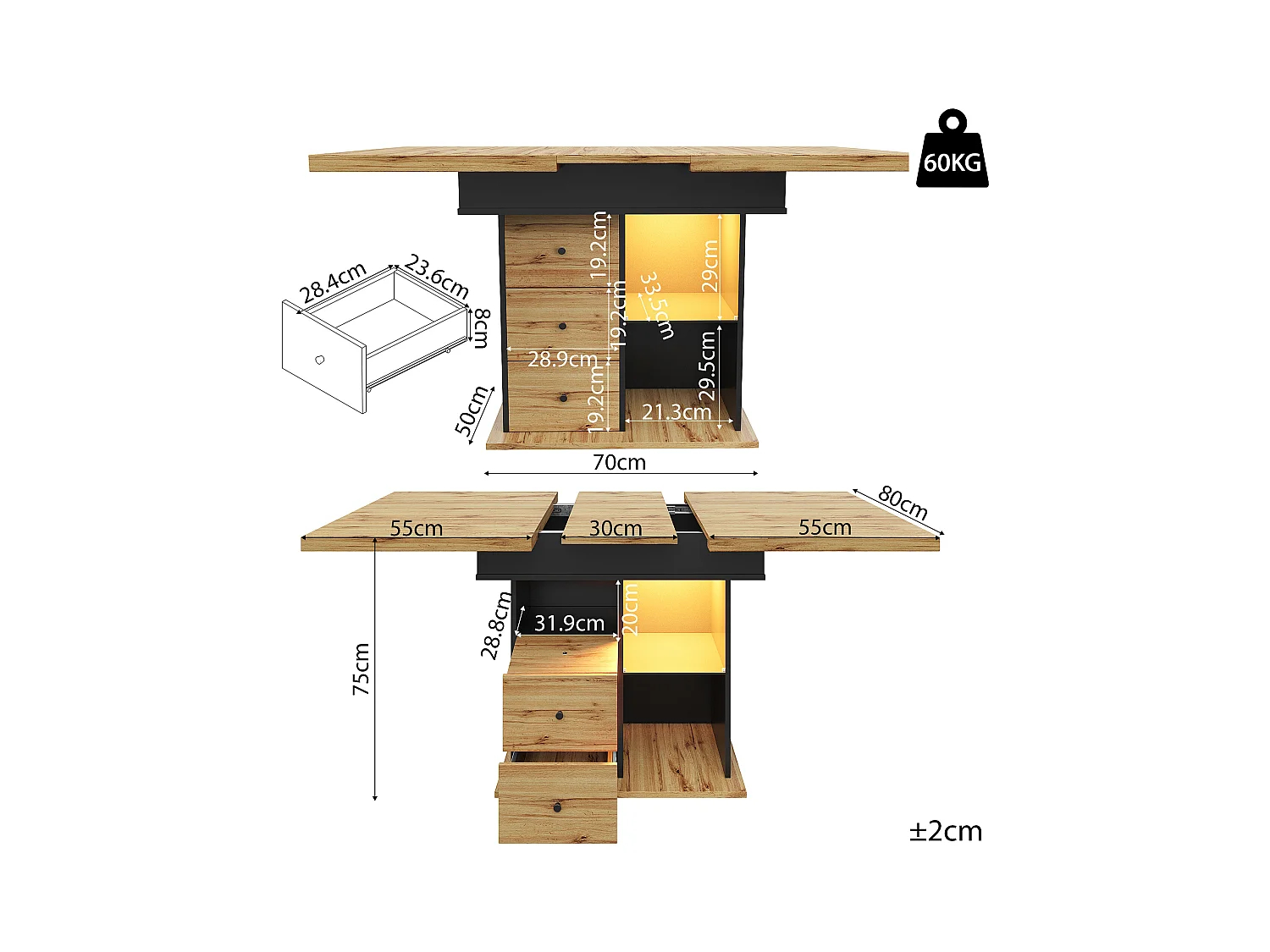 Table à manger extensible 110-140×80cm - avec éclairage LED - 4-6 personnes - 1 porte et 2 tiroirs - Noir + Naturel