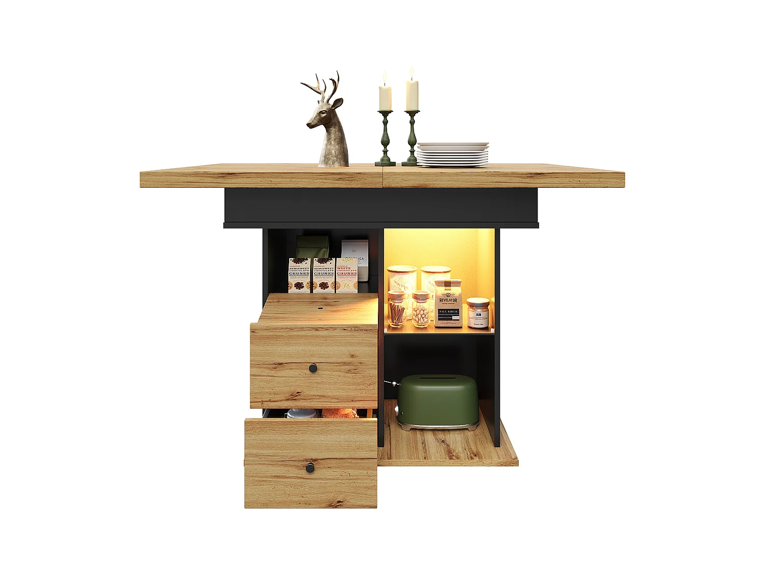 Table à manger extensible 110-140×80cm - avec éclairage LED - 4-6 personnes - 1 porte et 2 tiroirs - Noir + Naturel