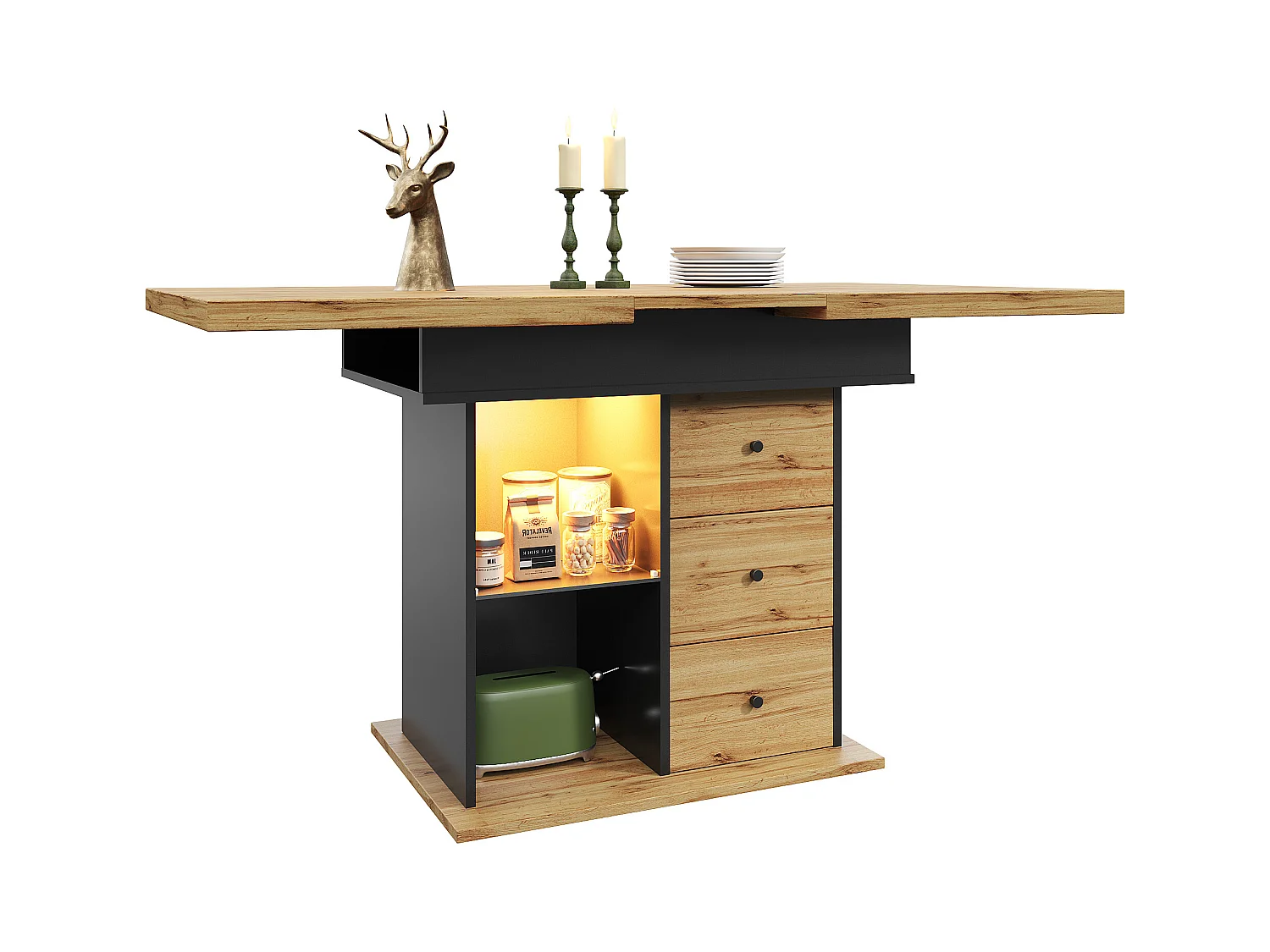 Table à manger extensible 110-140×80cm - avec éclairage LED - 4-6 personnes - 1 porte et 2 tiroirs - Noir + Naturel