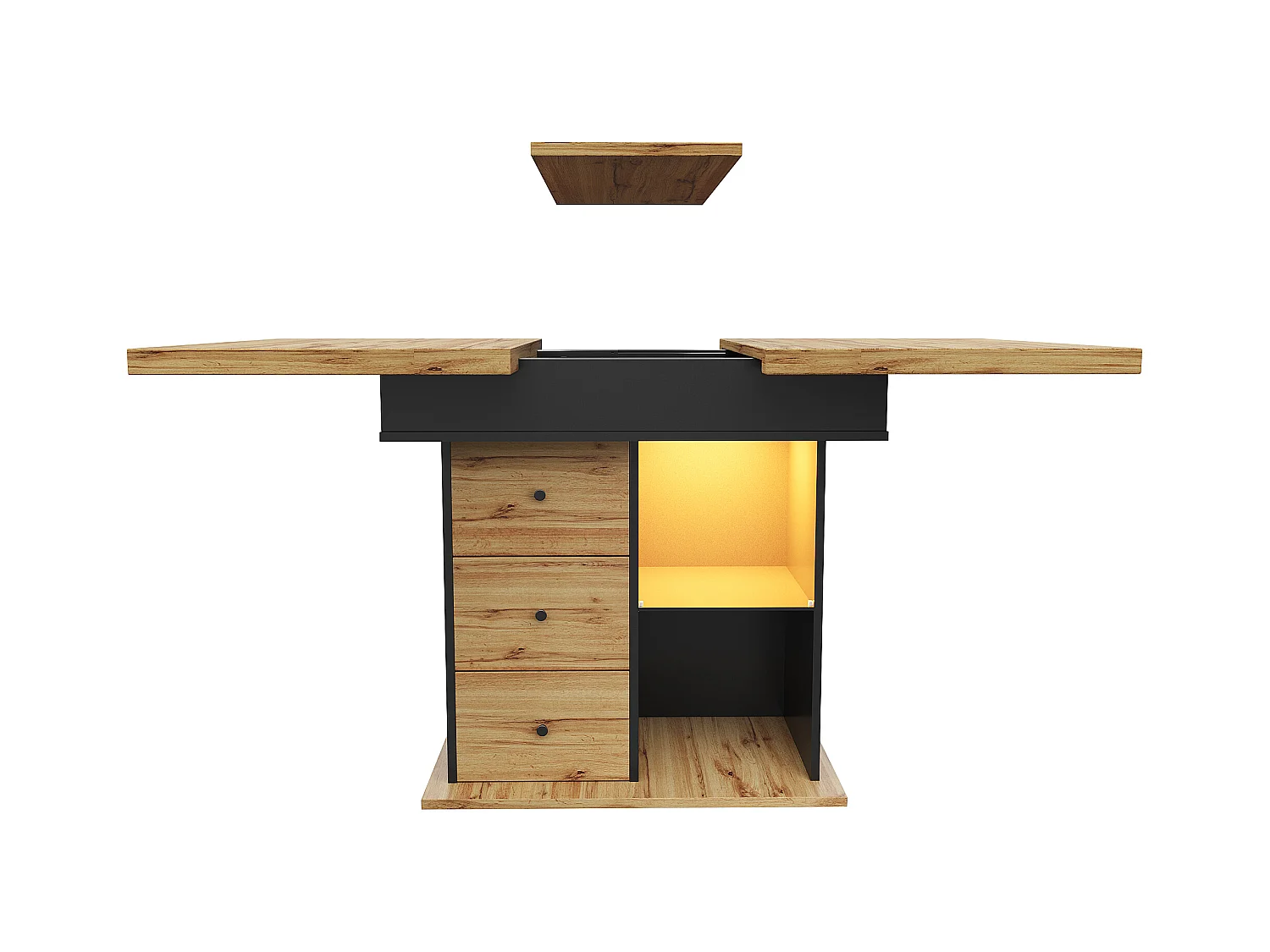 Table à manger extensible 110-140×80cm - avec éclairage LED - 4-6 personnes - 1 porte et 2 tiroirs - Noir + Naturel