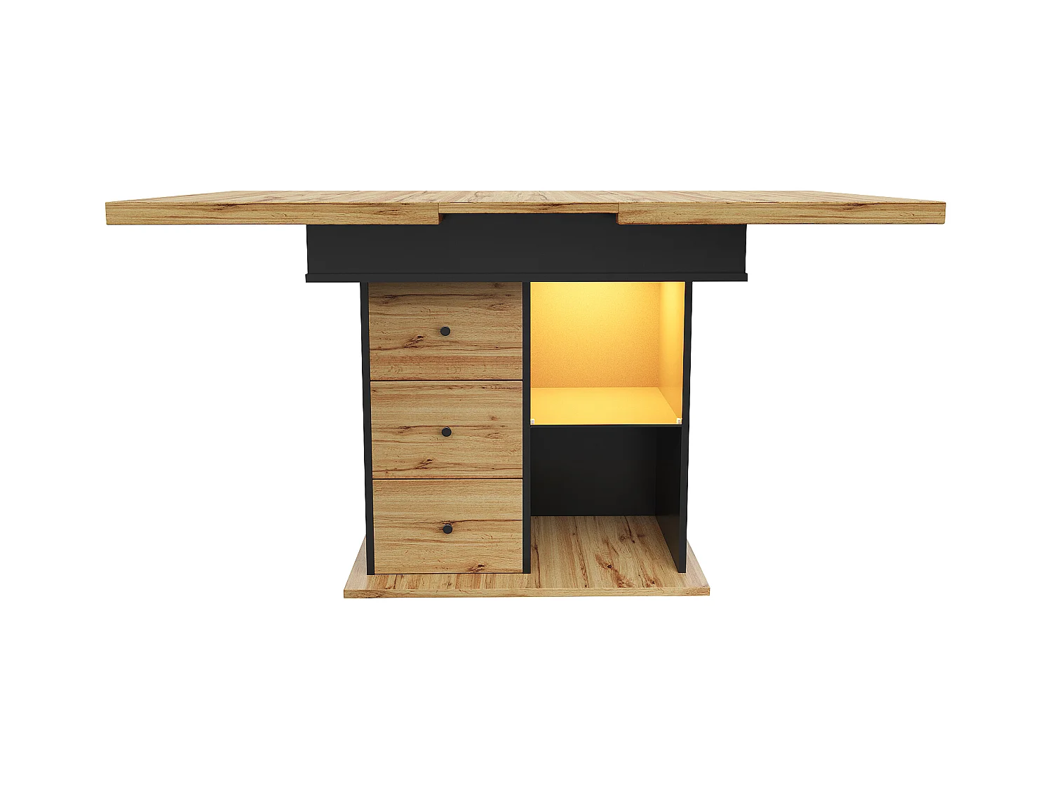 Table à manger extensible 110-140×80cm - avec éclairage LED - 4-6 personnes - 1 porte et 2 tiroirs - Noir + Naturel