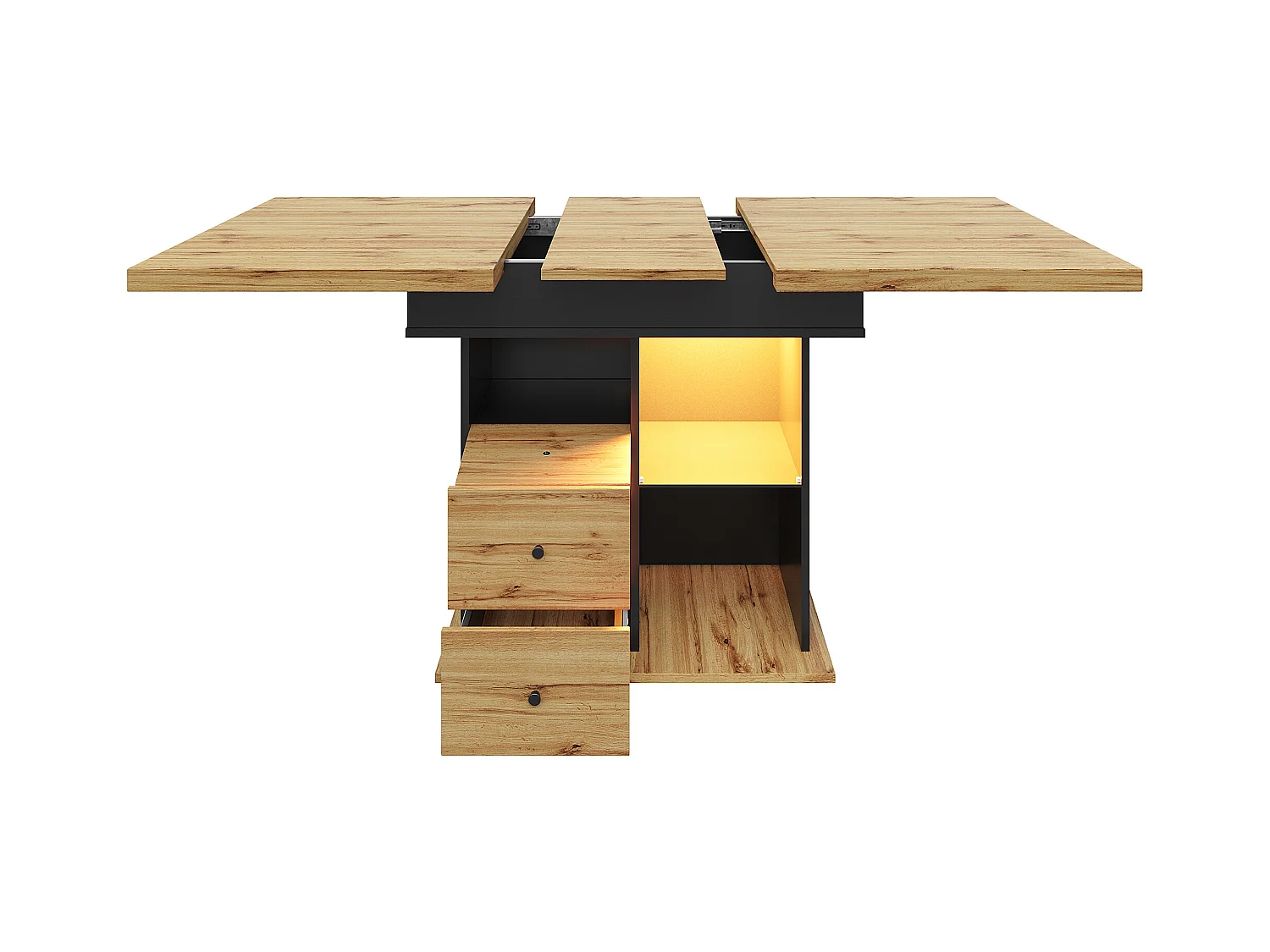 Table à manger extensible 110-140×80cm - avec éclairage LED - 4-6 personnes - 1 porte et 2 tiroirs - Noir + Naturel