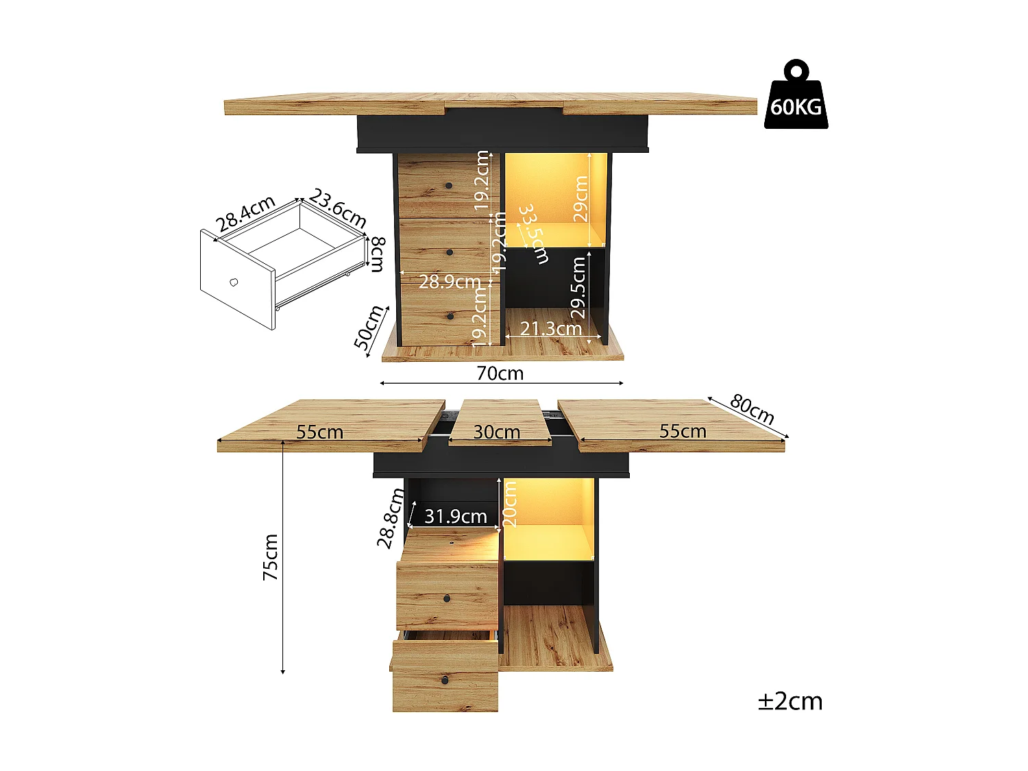 Table à manger extensible 110-140×80cm - avec éclairage LED - 4-6 personnes - 1 porte et 2 tiroirs - Noir + Naturel