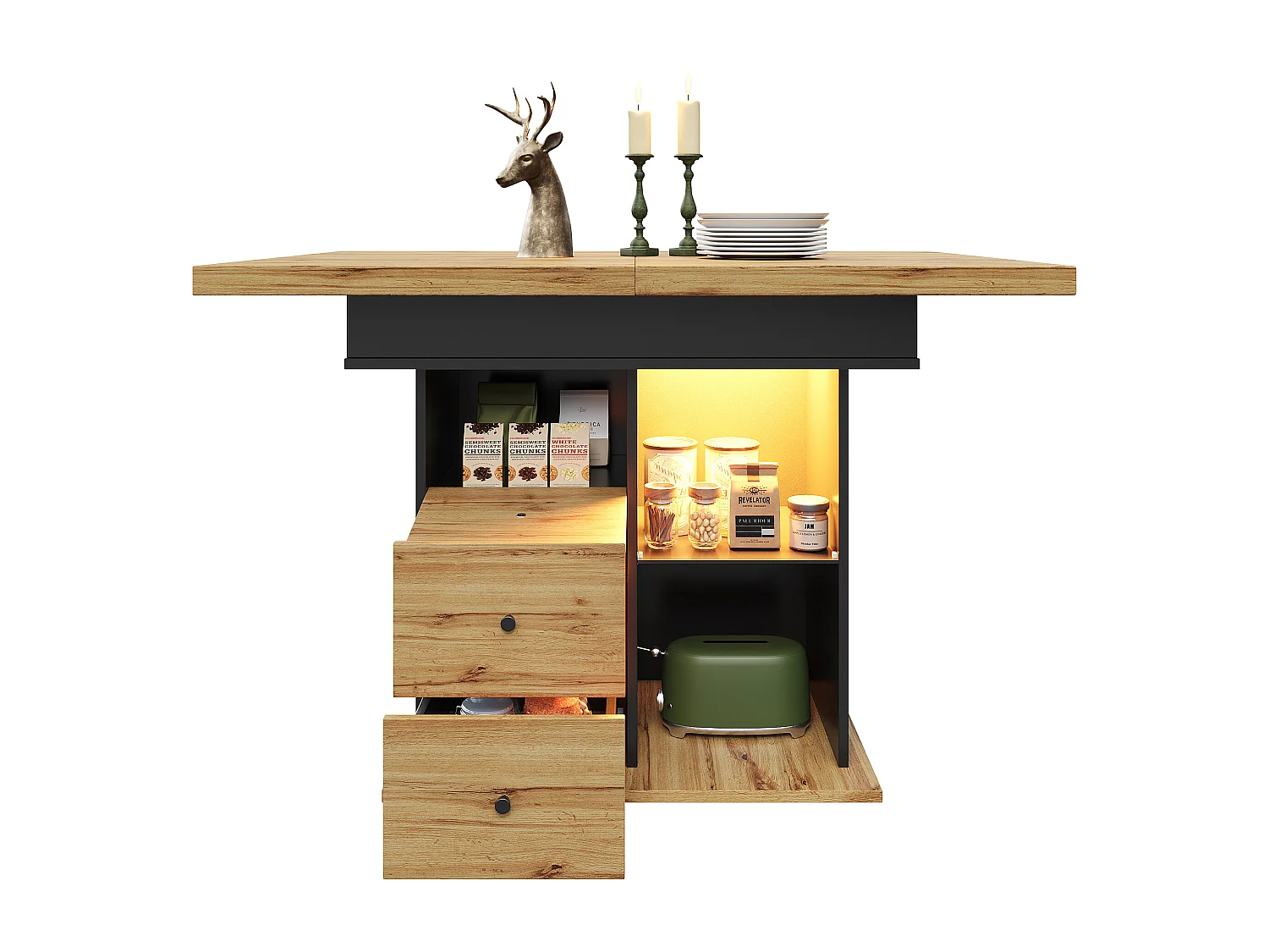 Table à manger extensible 110-140×80cm - avec éclairage LED - 4-6 personnes - 1 porte et 2 tiroirs - Noir + Naturel