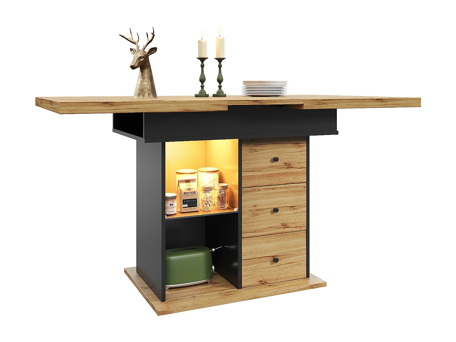 Table à manger extensible 110-140×80cm - avec éclairage LED - 4-6 personnes - 1 porte et 2 tiroirs - Noir + Naturel