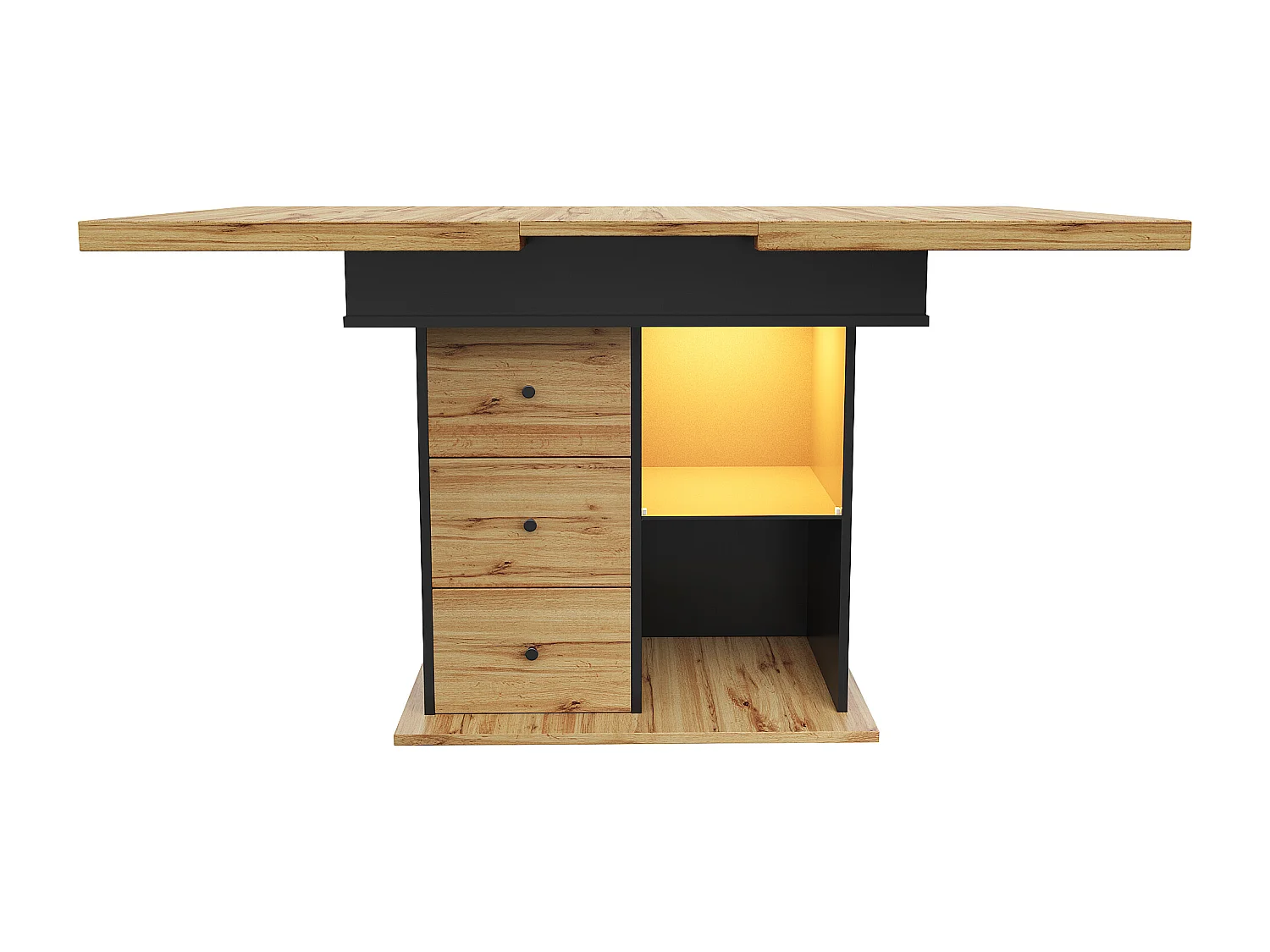 Table à manger extensible 110-140×80cm - avec éclairage LED - 4-6 personnes - 1 porte et 2 tiroirs - Noir + Naturel