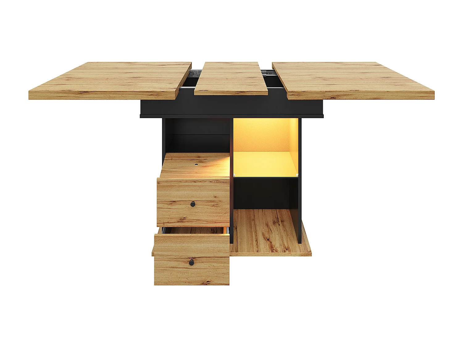 Table à manger extensible 110-140×80cm - avec éclairage LED - 4-6 personnes - 1 porte et 2 tiroirs - Noir + Naturel