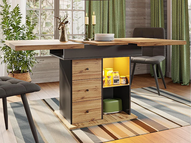 Table à manger extensible 110-140×80cm - avec éclairage LED - 4-6 personnes - 1 porte et 2 tiroirs - Noir + Naturel