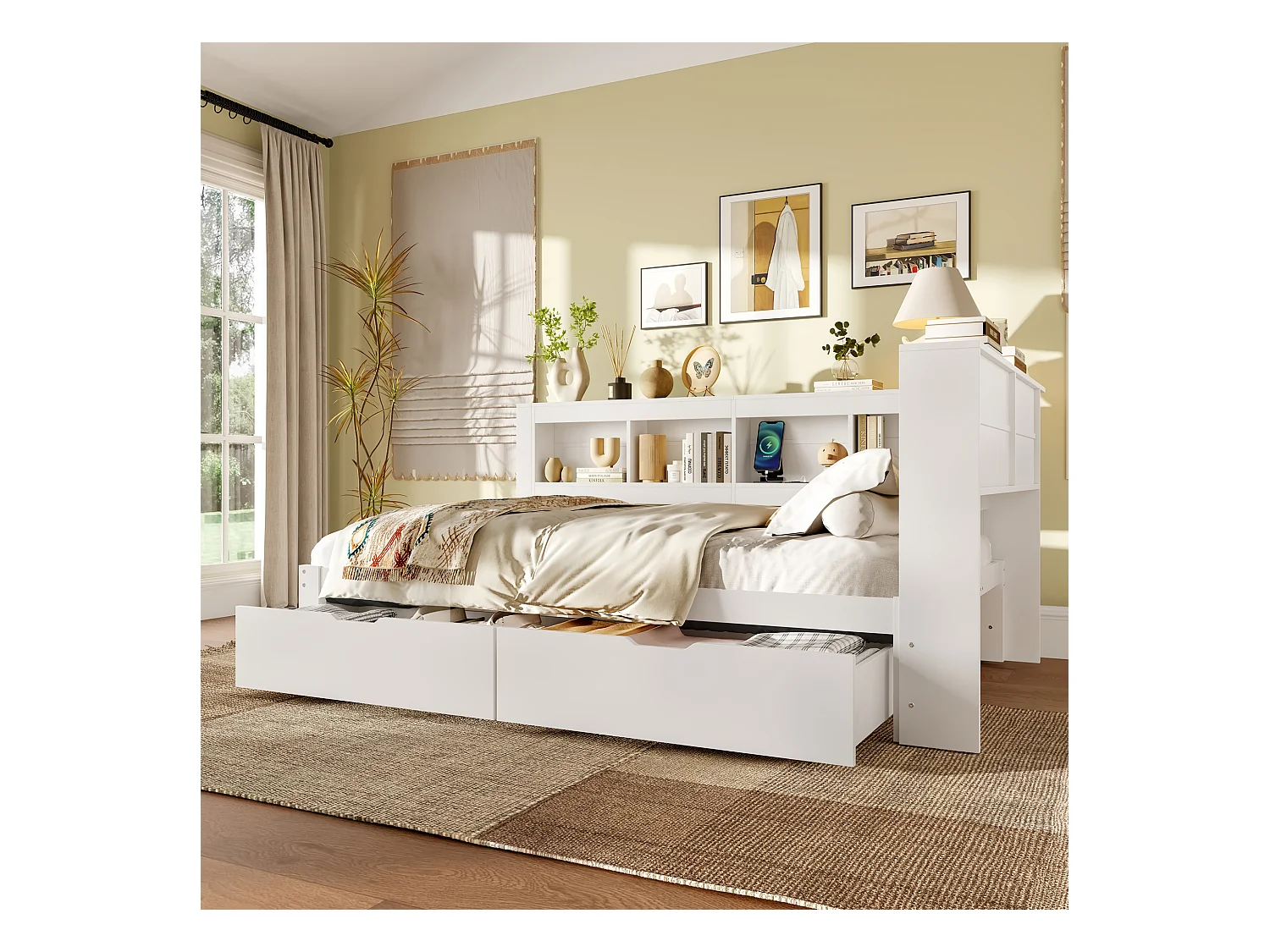 Schlafsofa 140x200 cm - mit 2 Schubladen - mit Steckdose + 2 USB-Anschlüssen - mit Lattenrost - weiß (Matratze nicht im Lieferumfang enthalten)