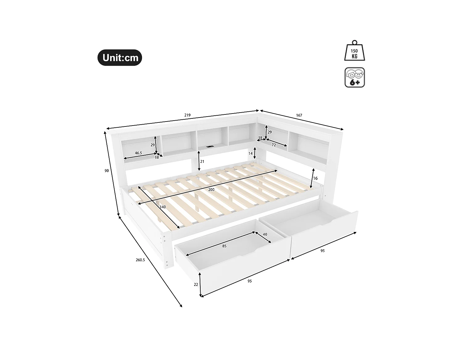 Schlafsofa 140x200 cm - mit 2 Schubladen - mit Steckdose + 2 USB-Anschlüssen - mit Lattenrost - weiß (Matratze nicht im Lieferumfang enthalten)