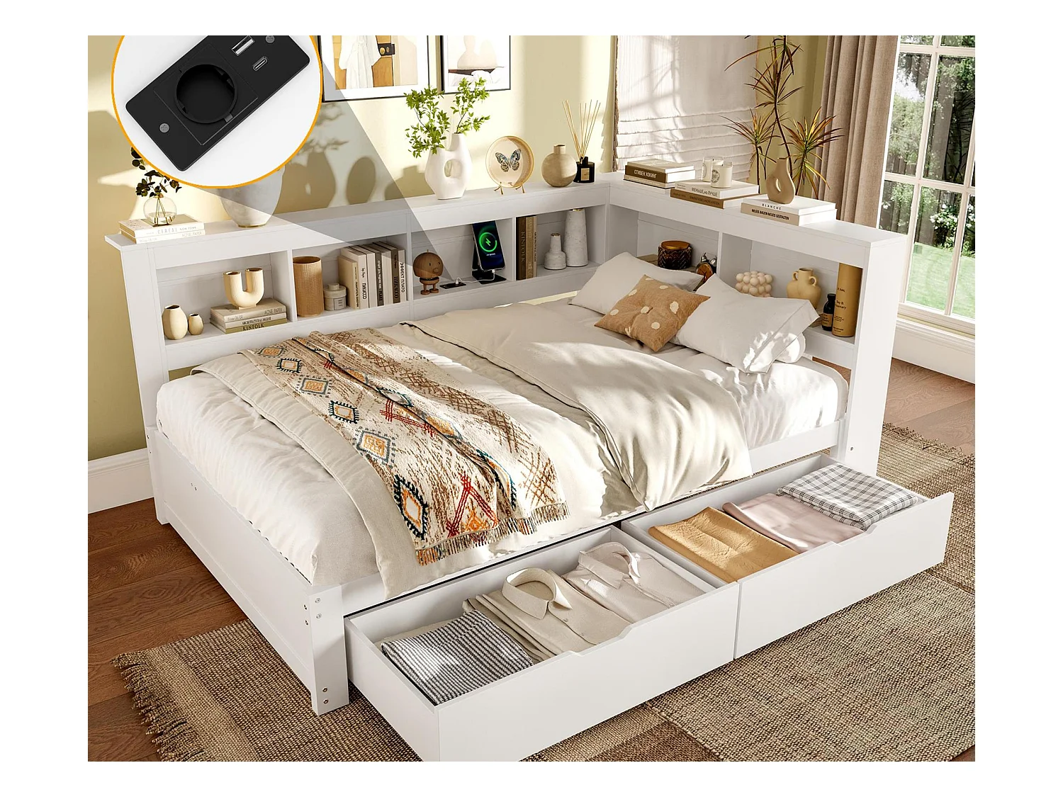 Canapé-lit 140x200 cm - avec 2 tiroirs - avec prise de courant + 2 USB - avec sommier à lattes - blanc (matelas non inclus)