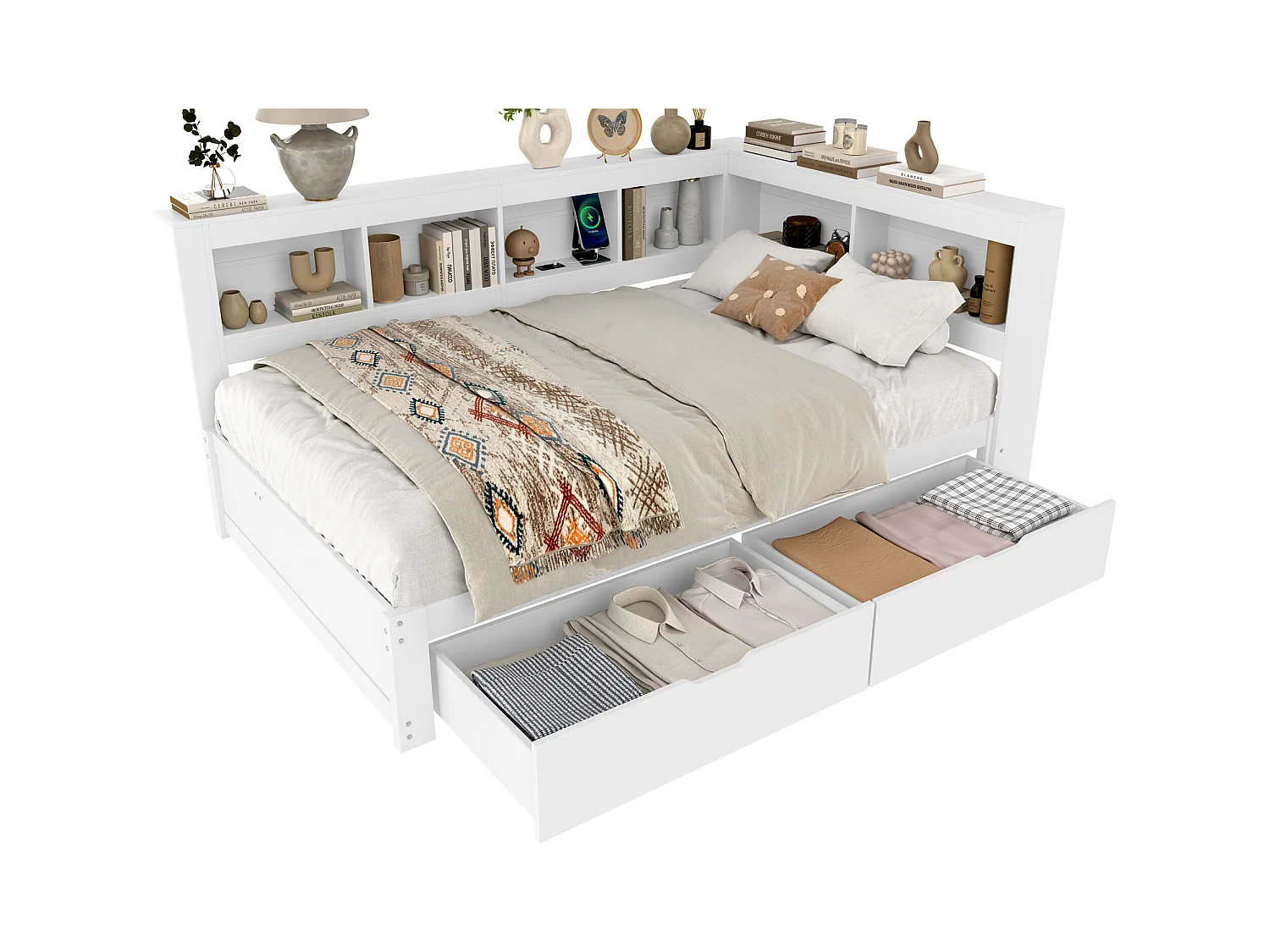 Slaapbank 140x200 cm - met 2 lades - met stopcontact + 2 USB-poorten - met lattenbodem - wit (matras niet inbegrepen)