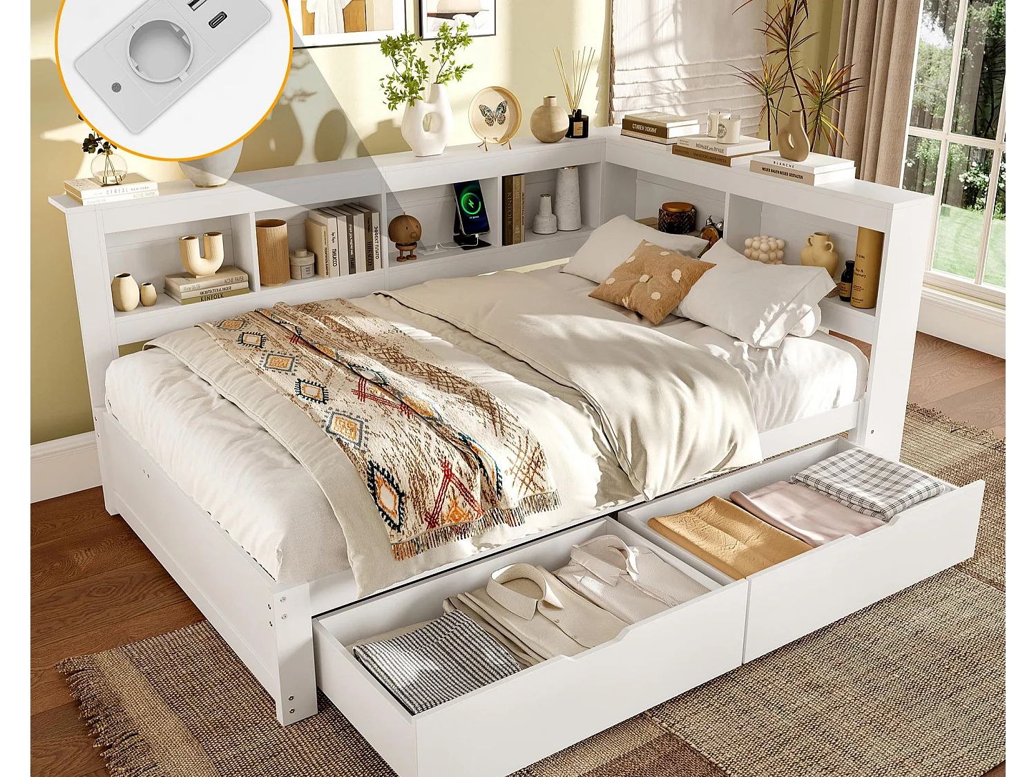 Canapé-lit 140x200 cm - avec 2 tiroirs - avec prise de courant + 2 USB - avec sommier à lattes - blanc (matelas non inclus)