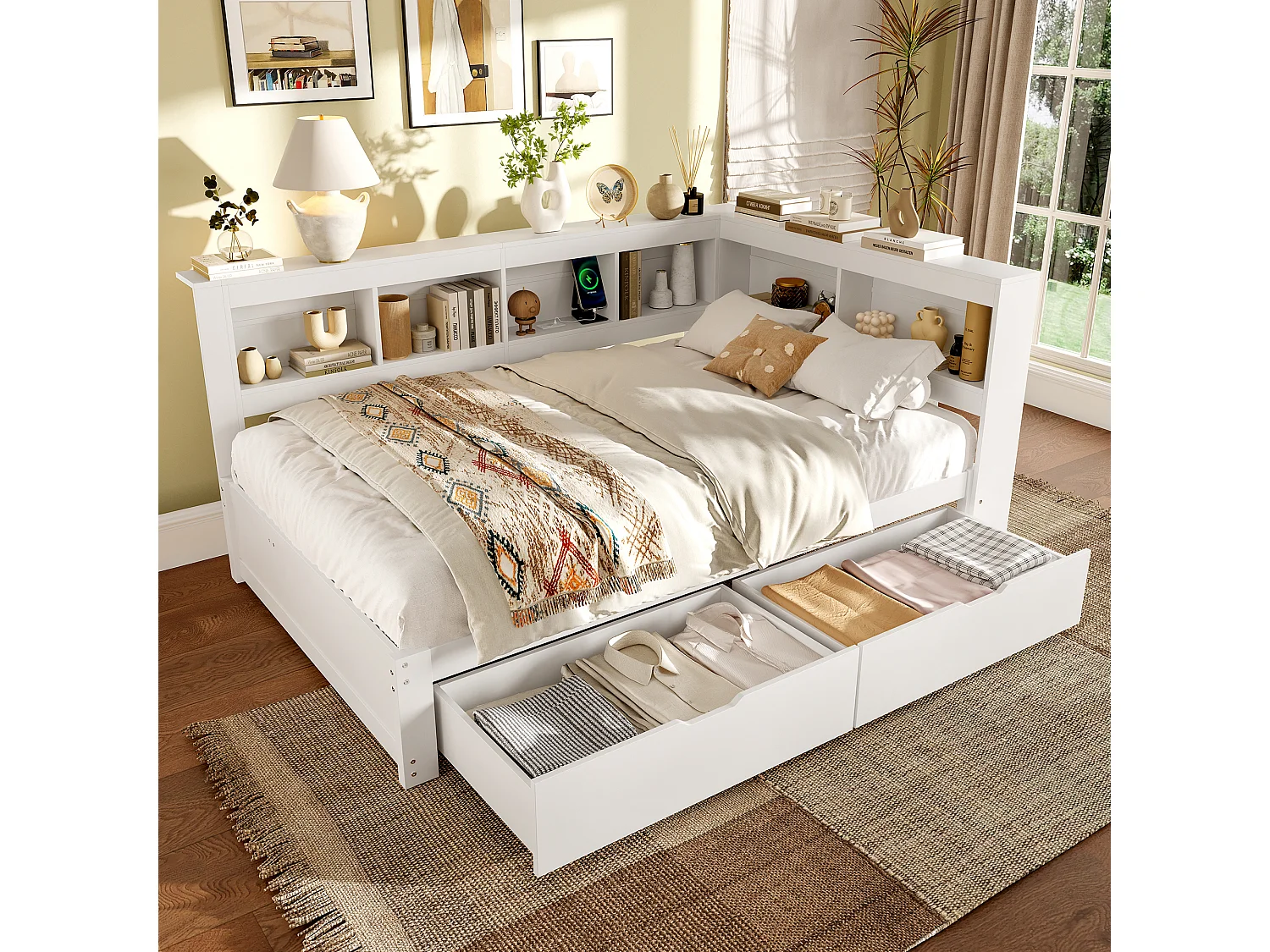 Canapé-lit 140x200 cm - avec 2 tiroirs - avec prise de courant + 2 USB - avec sommier à lattes - blanc (matelas non inclus)