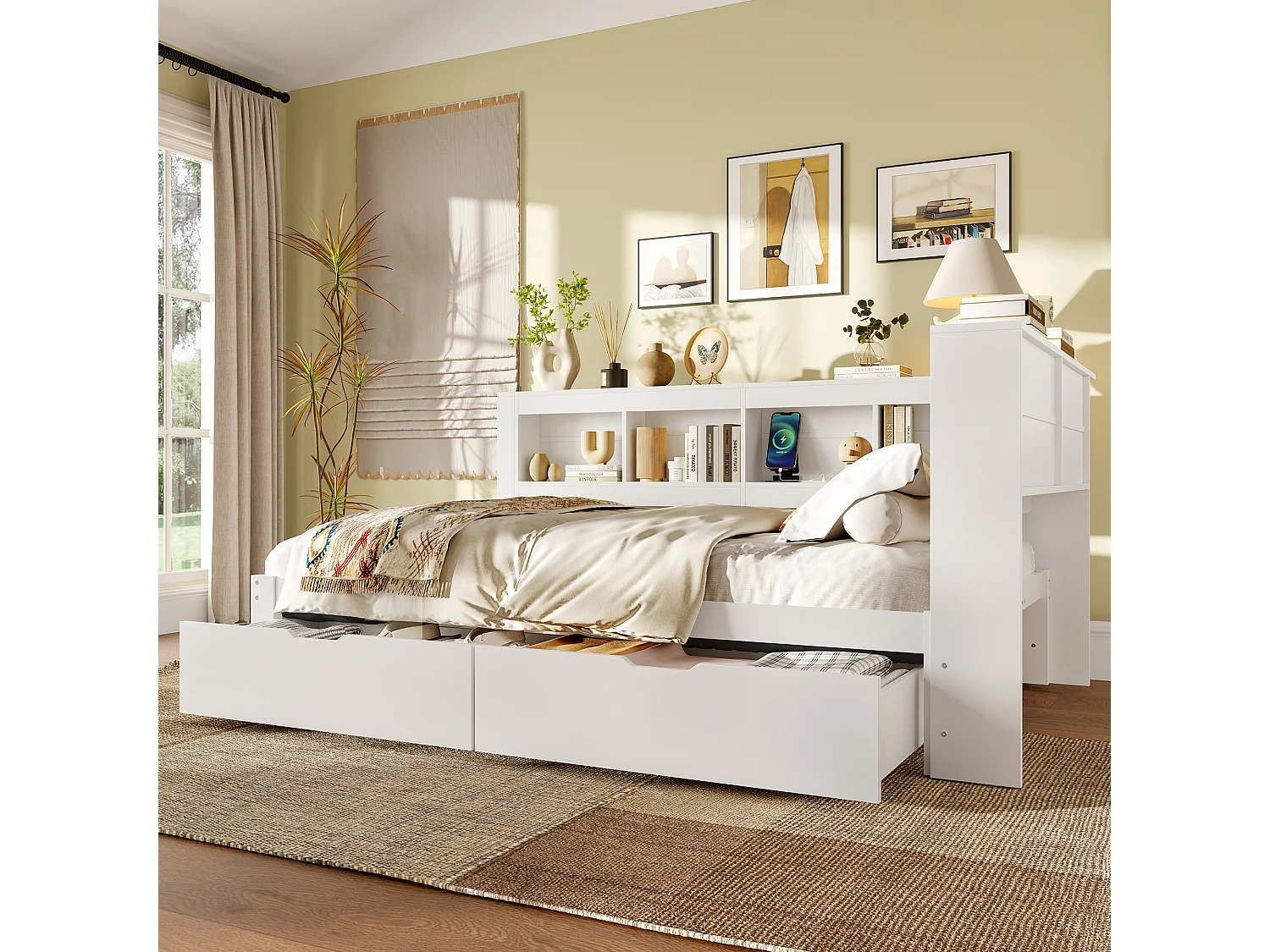 Canapé-lit 140x200 cm - avec 2 tiroirs - avec prise de courant + 2 USB - avec sommier à lattes - blanc (matelas non inclus)