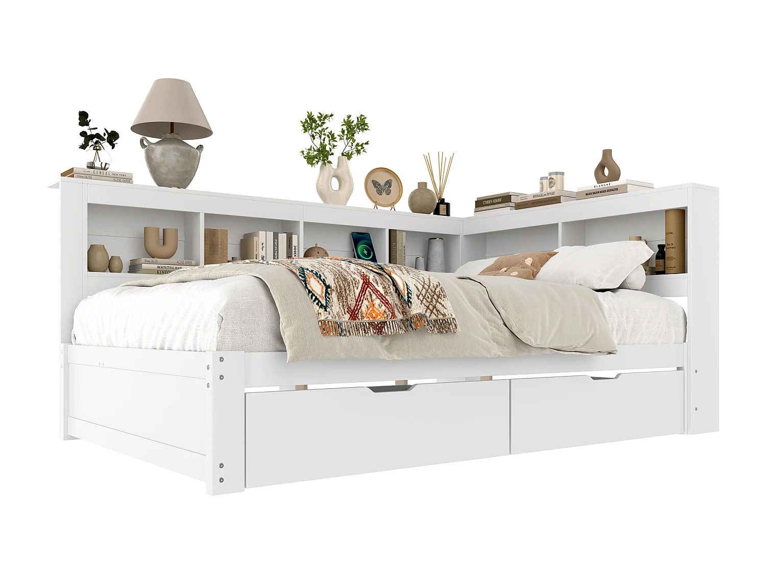 Canapé-lit 140x200 cm - avec 2 tiroirs - avec prise de courant + 2 USB - avec sommier à lattes - blanc (matelas non inclus)